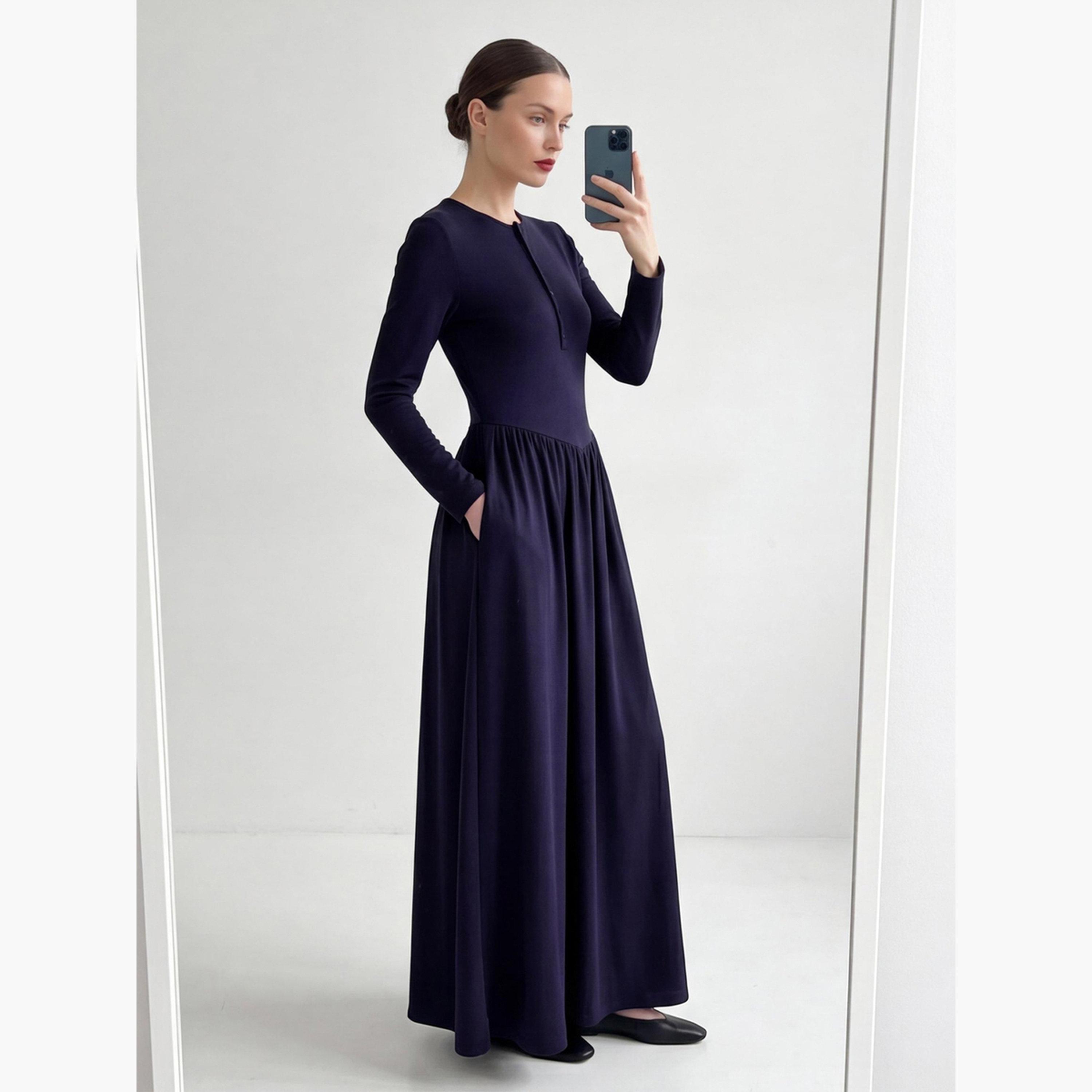 Styli Dark Blue A-Line Maxi Dress with Long Sleeves-women-clothing-dresses-image-2