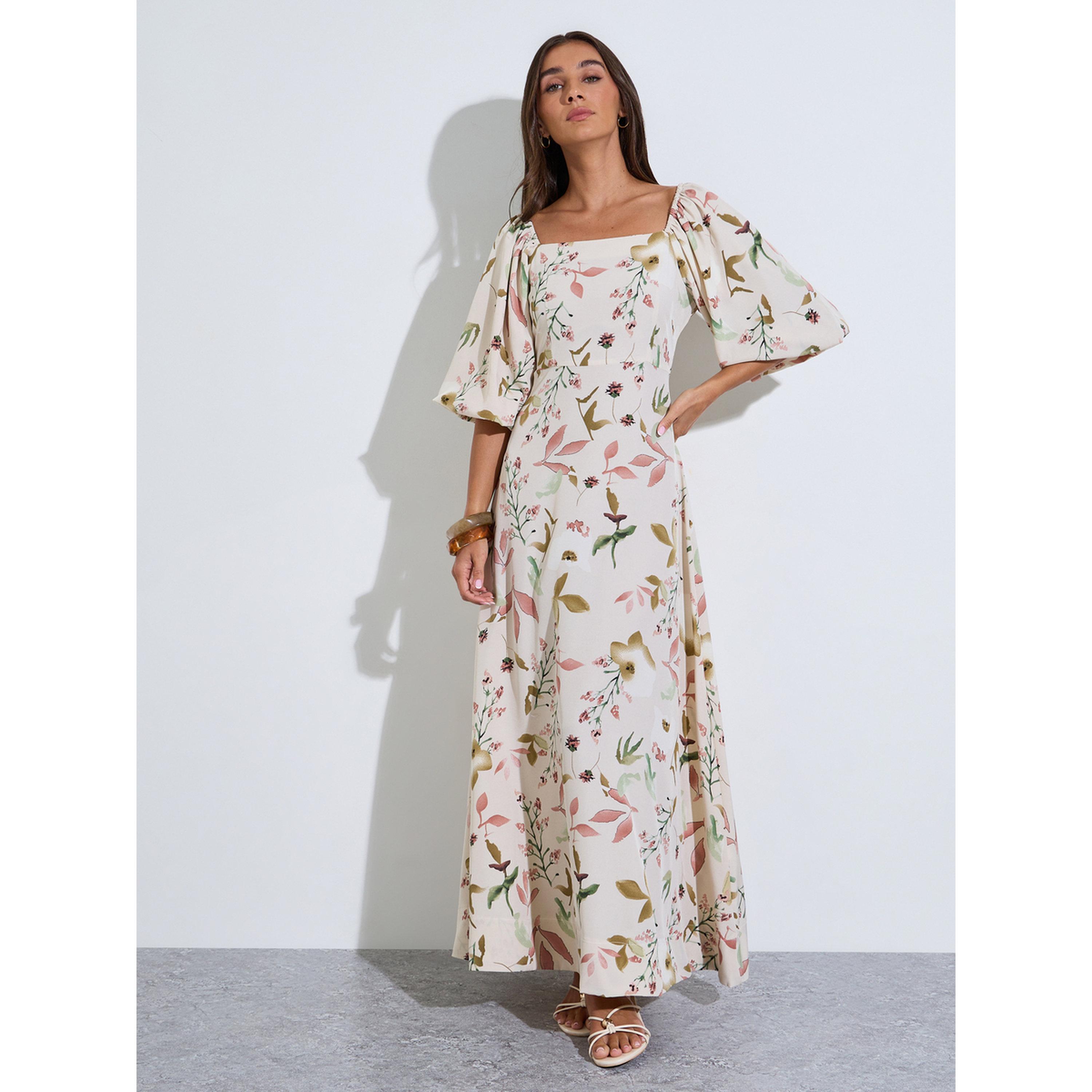 Styli Multi-Color Floral Print Square Neck Puff Sleeves A-Line Maxi Dress-women-clothing-dresses-image-1