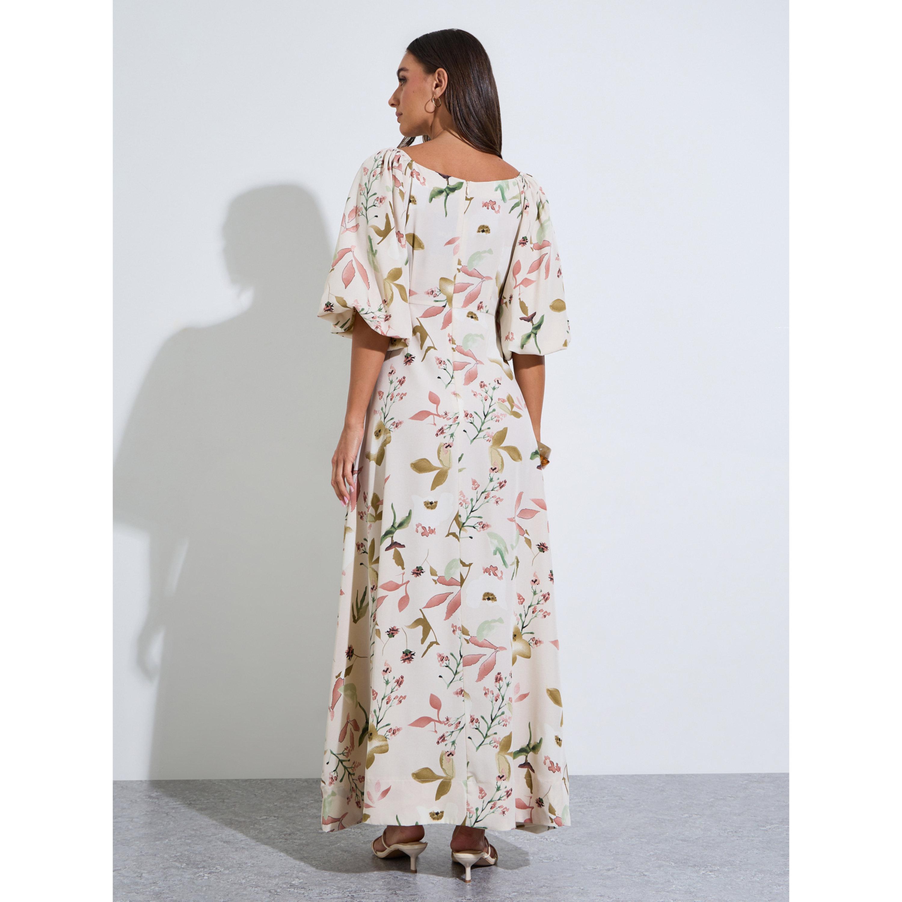 Styli Multi-Color Floral Print Square Neck Puff Sleeves A-Line Maxi Dress-women-clothing-dresses-image-2