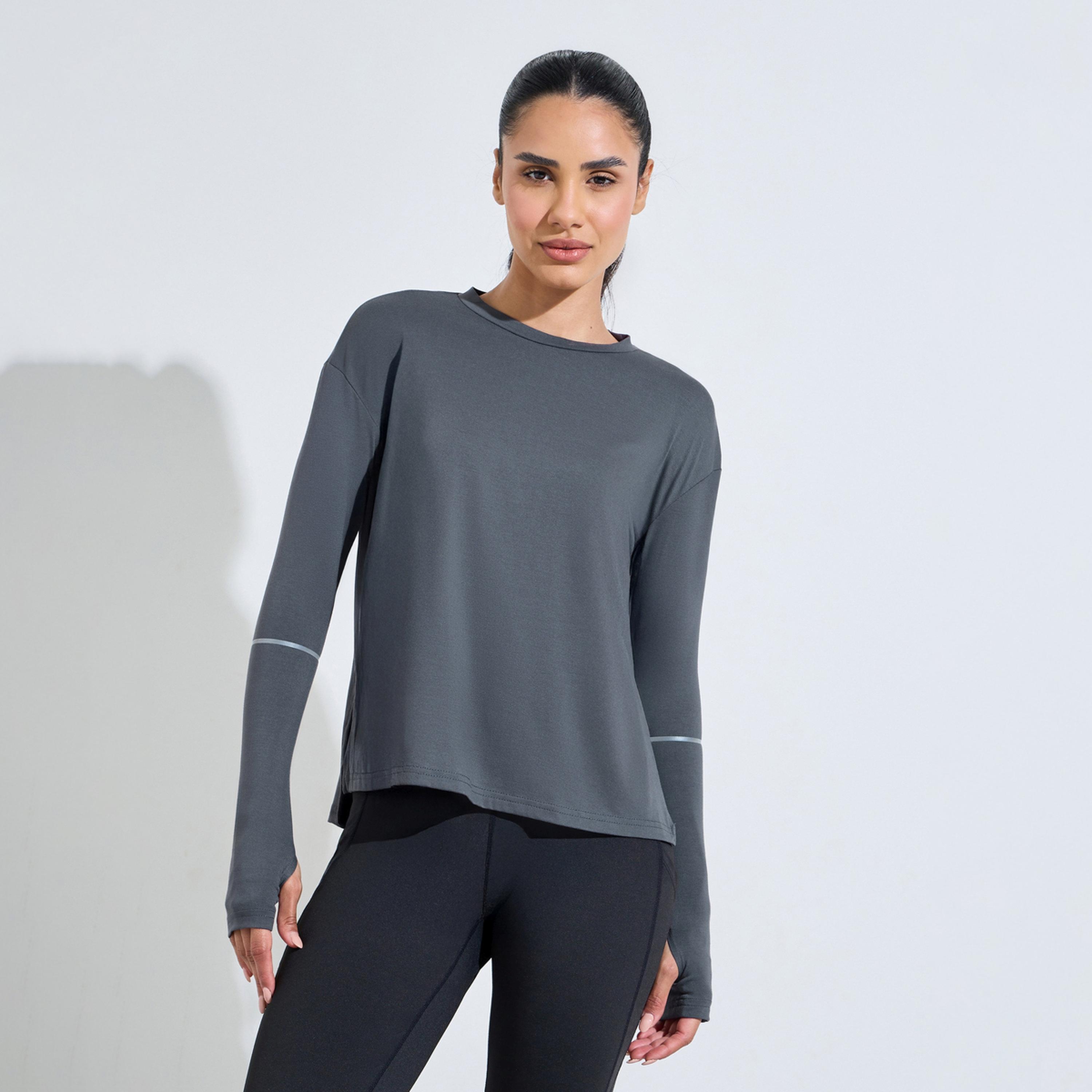 Styli Charcoal Solid Active Long Sleeve Top with Thumbholes-sports-women-clothing-tshirtsandvests-image-1