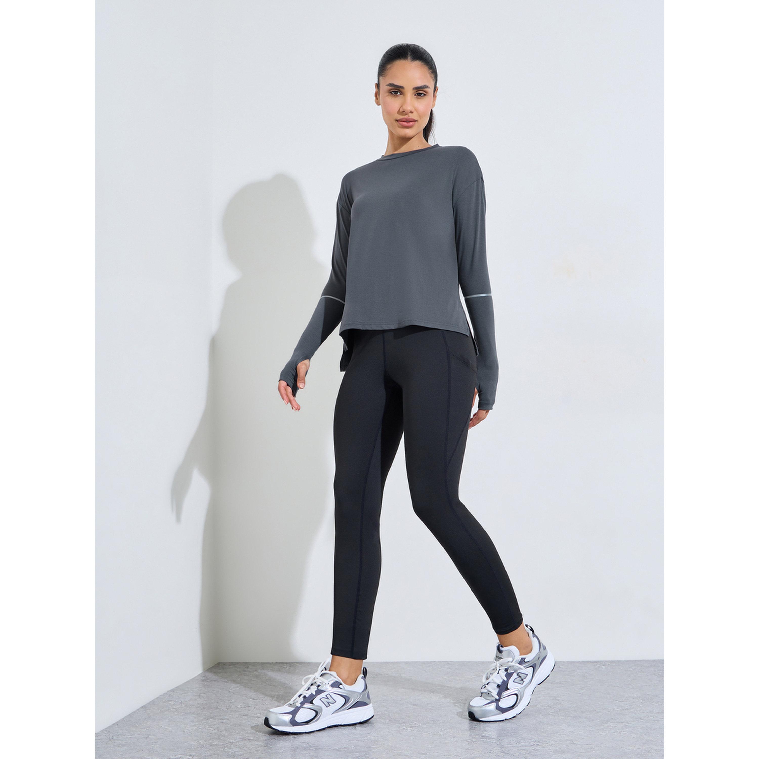 Styli Charcoal Solid Active Long Sleeve Top with Thumbholes-sports-women-clothing-tshirtsandvests-image-2
