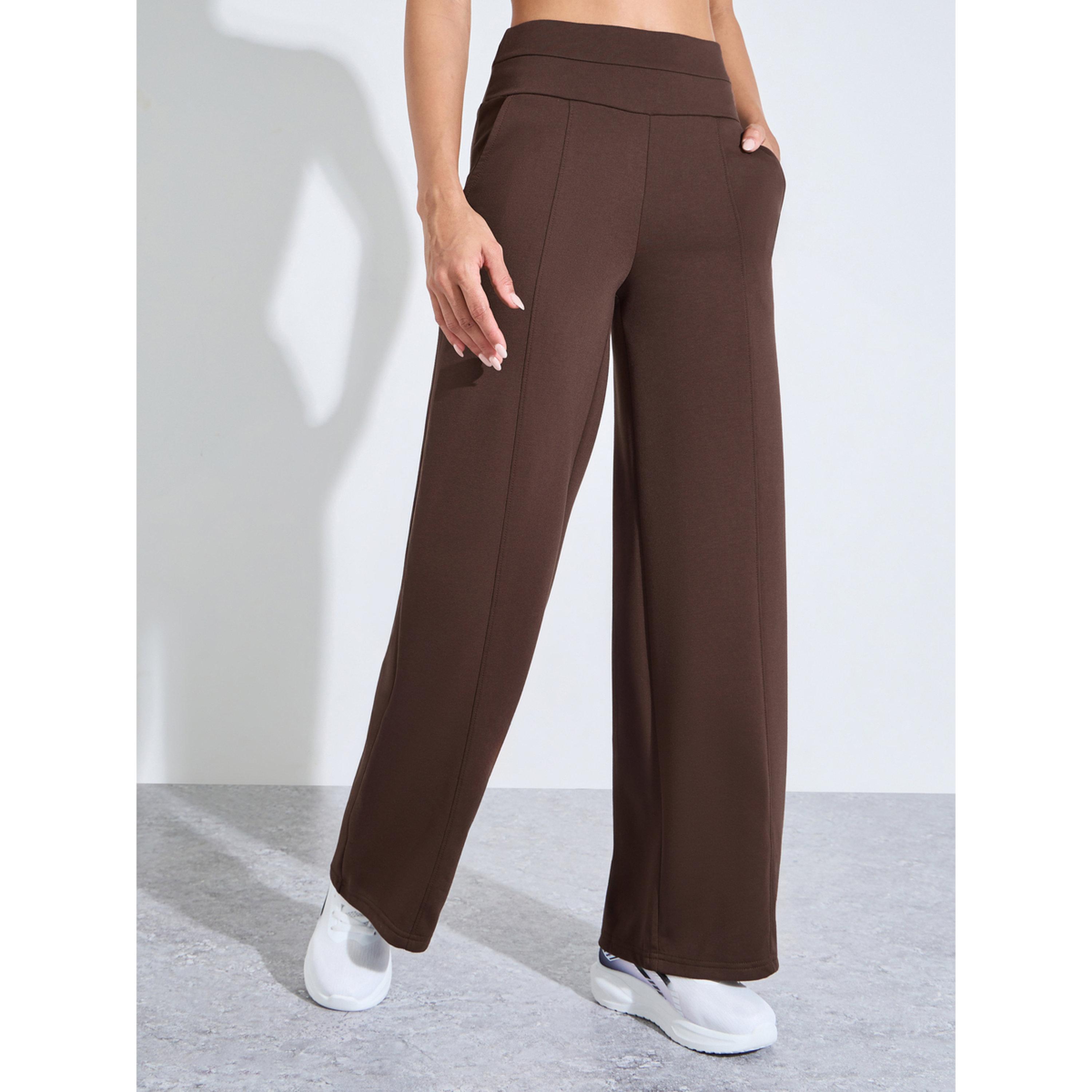 بنطال رياضي بقصة مستقيمة وتفاصيل بينتك سادة باللون البني-women-clothing-bottoms-joggers-image-1