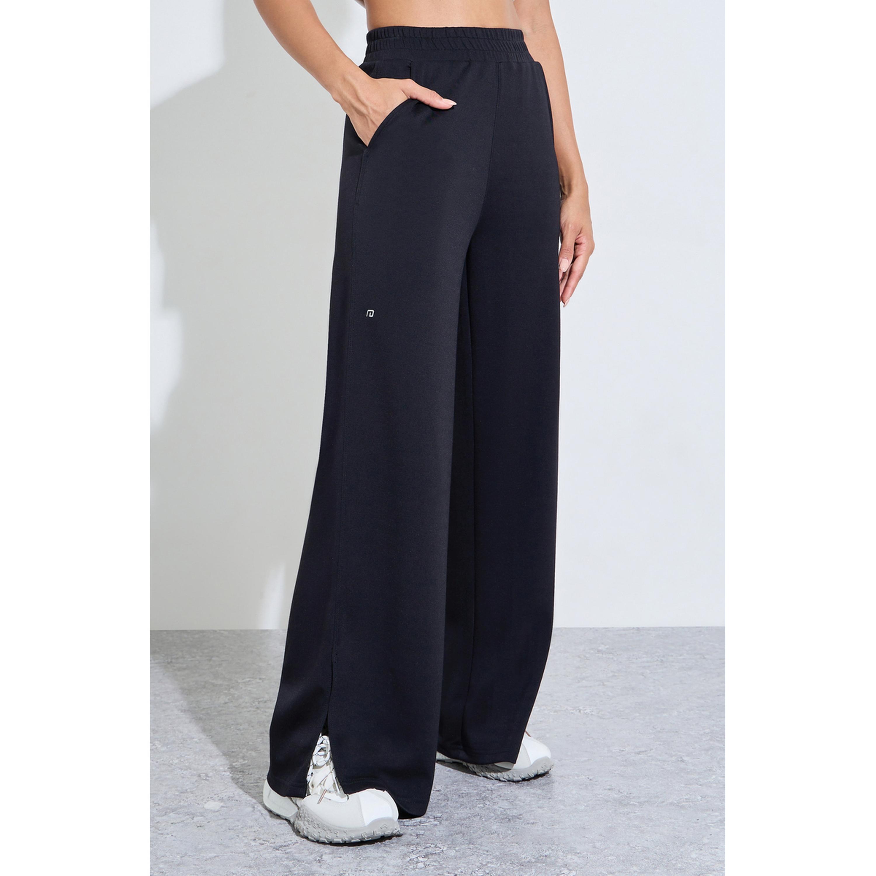 Styli Black Solid Wide Leg Side Slit Activewear Pants-women-clothing-bottoms-joggers-image-1