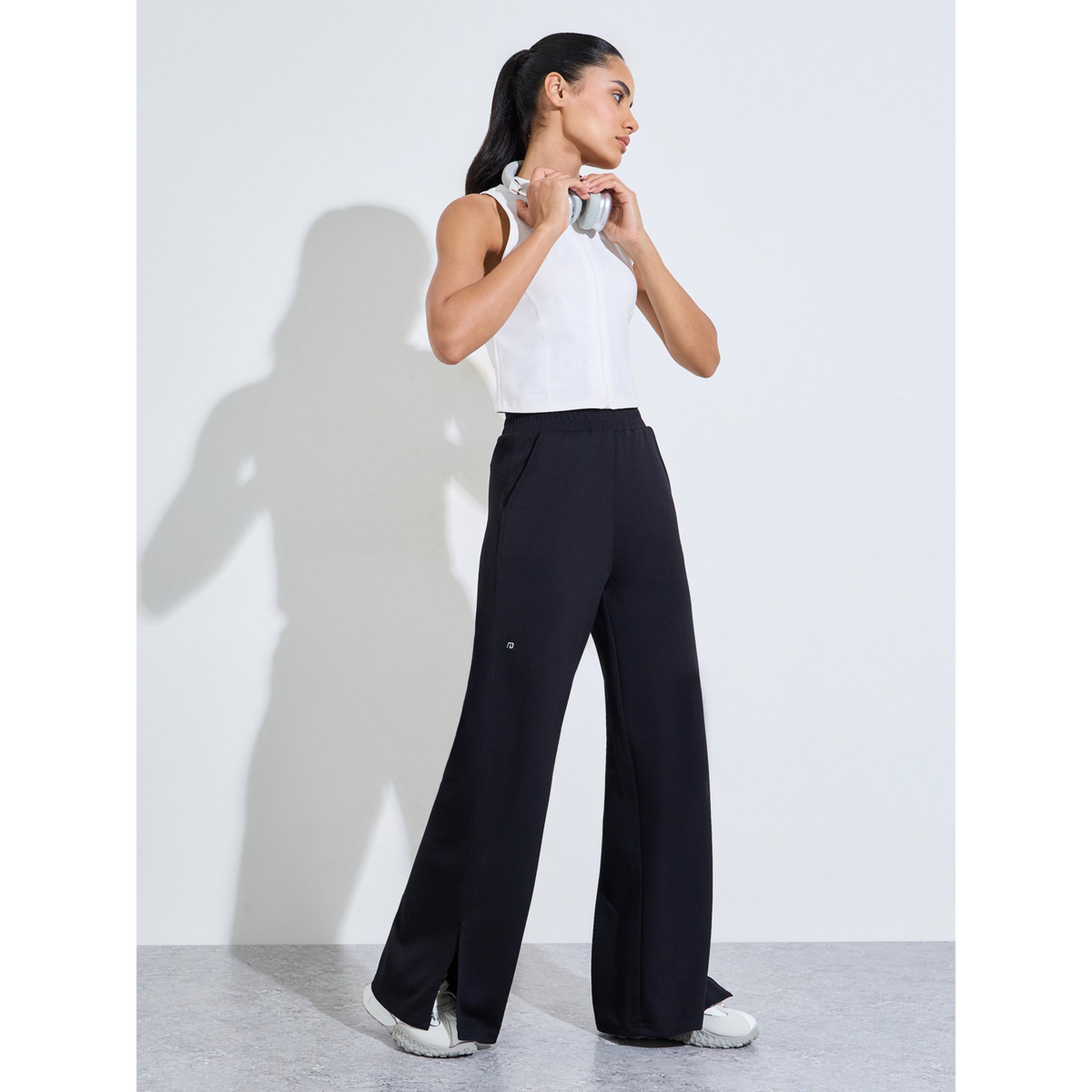 Styli Black Solid Wide Leg Side Slit Activewear Pants-women-clothing-bottoms-joggers-image-2
