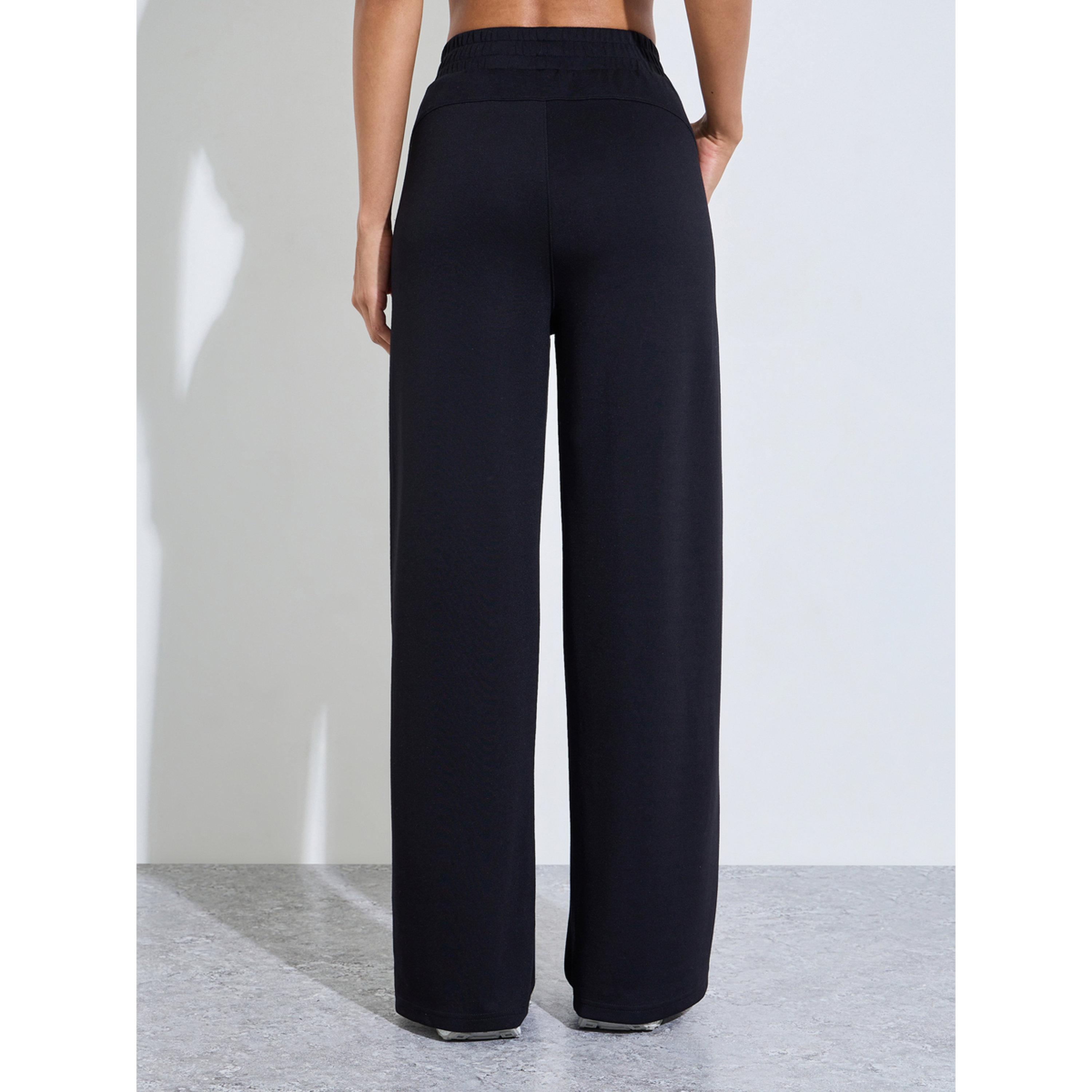 Styli Black Solid Wide Leg Side Slit Activewear Pants-women-clothing-bottoms-joggers-image-4