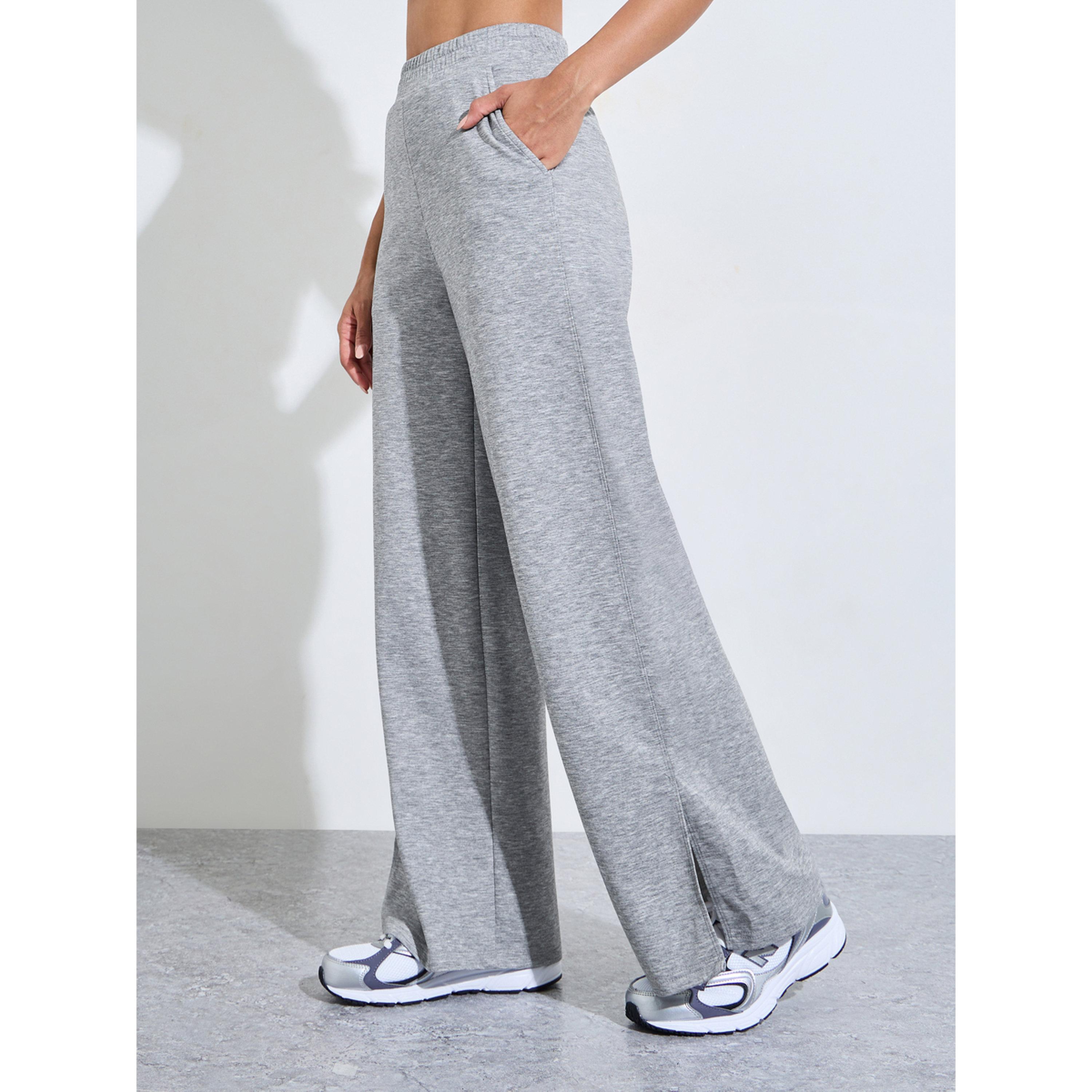 Styli Grey Solid Wide Leg Side Slit Activewear Pants-women-clothing-bottoms-joggers-image-1
