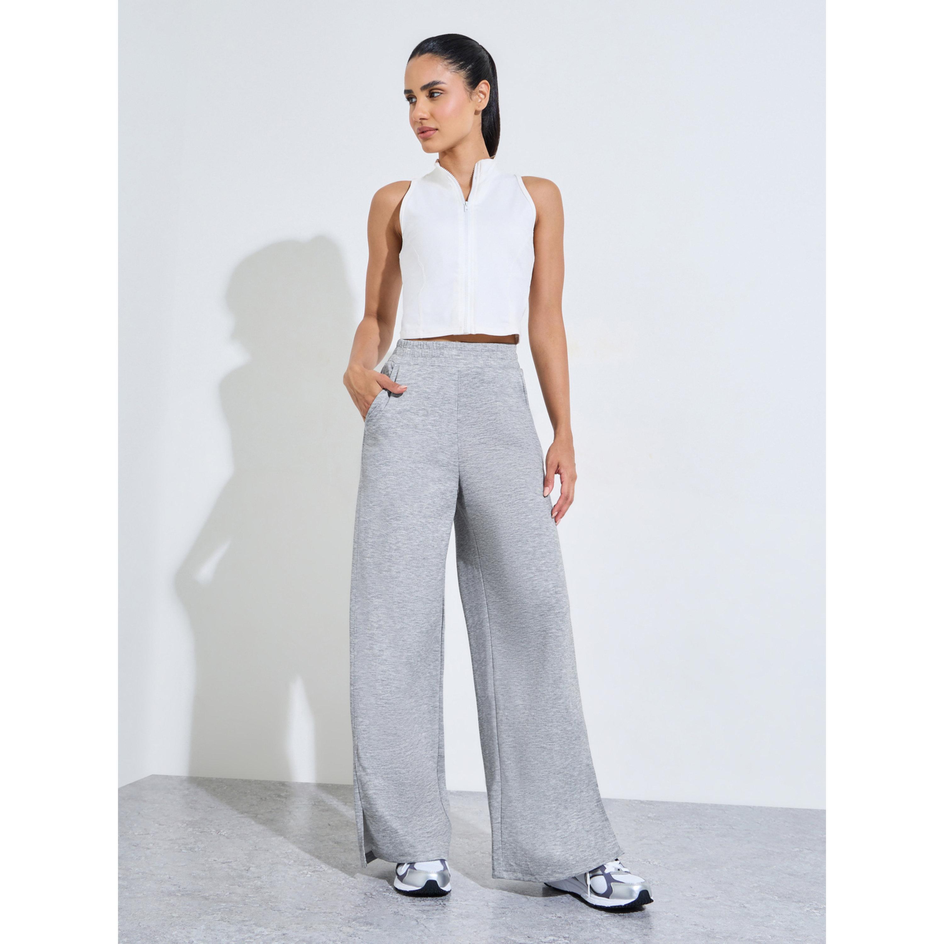 Styli Grey Solid Wide Leg Side Slit Activewear Pants-women-clothing-bottoms-joggers-image-2