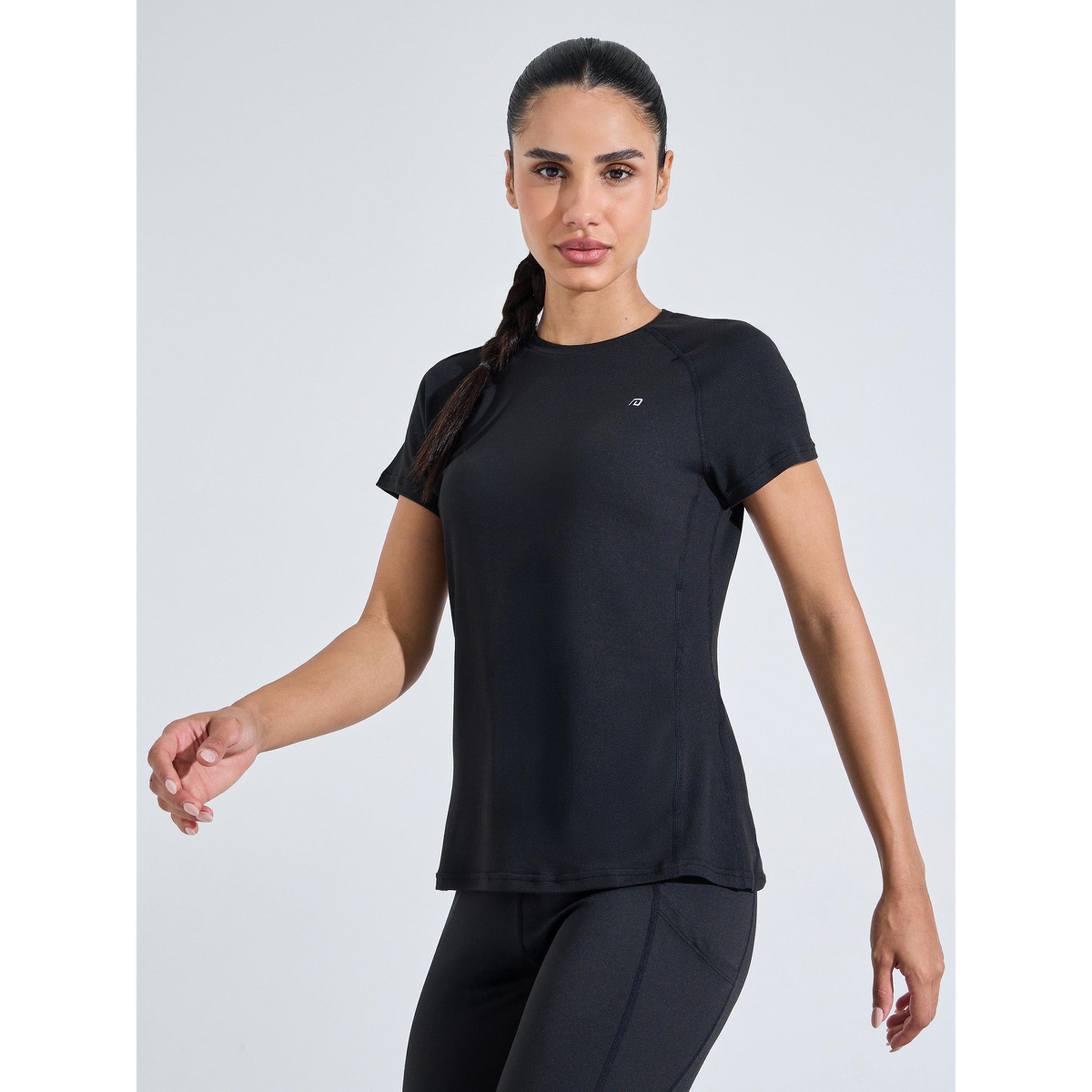 تيشيرت رياضي بأكمام قصيرة سادة باللون الأسود-sports-women-clothing-tshirtsandvests-image-1