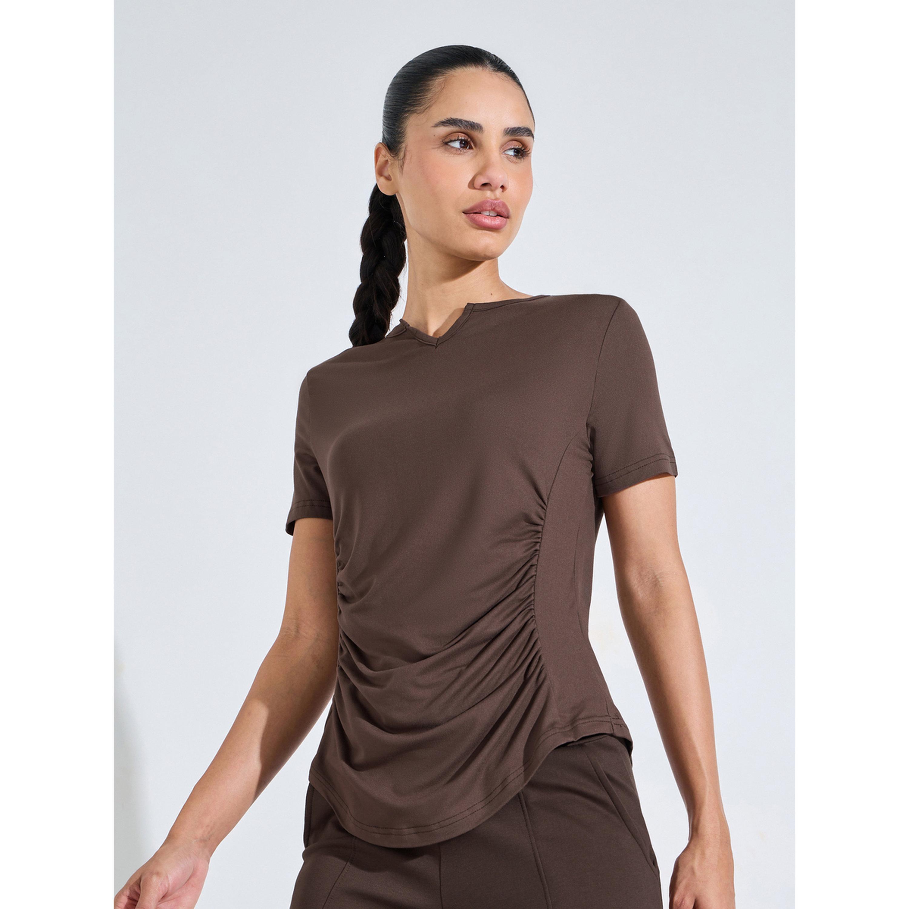 Styli Brown Solid Ruched Activewear T-Shirt-sports-women-clothing-tshirtsandvests-image-1