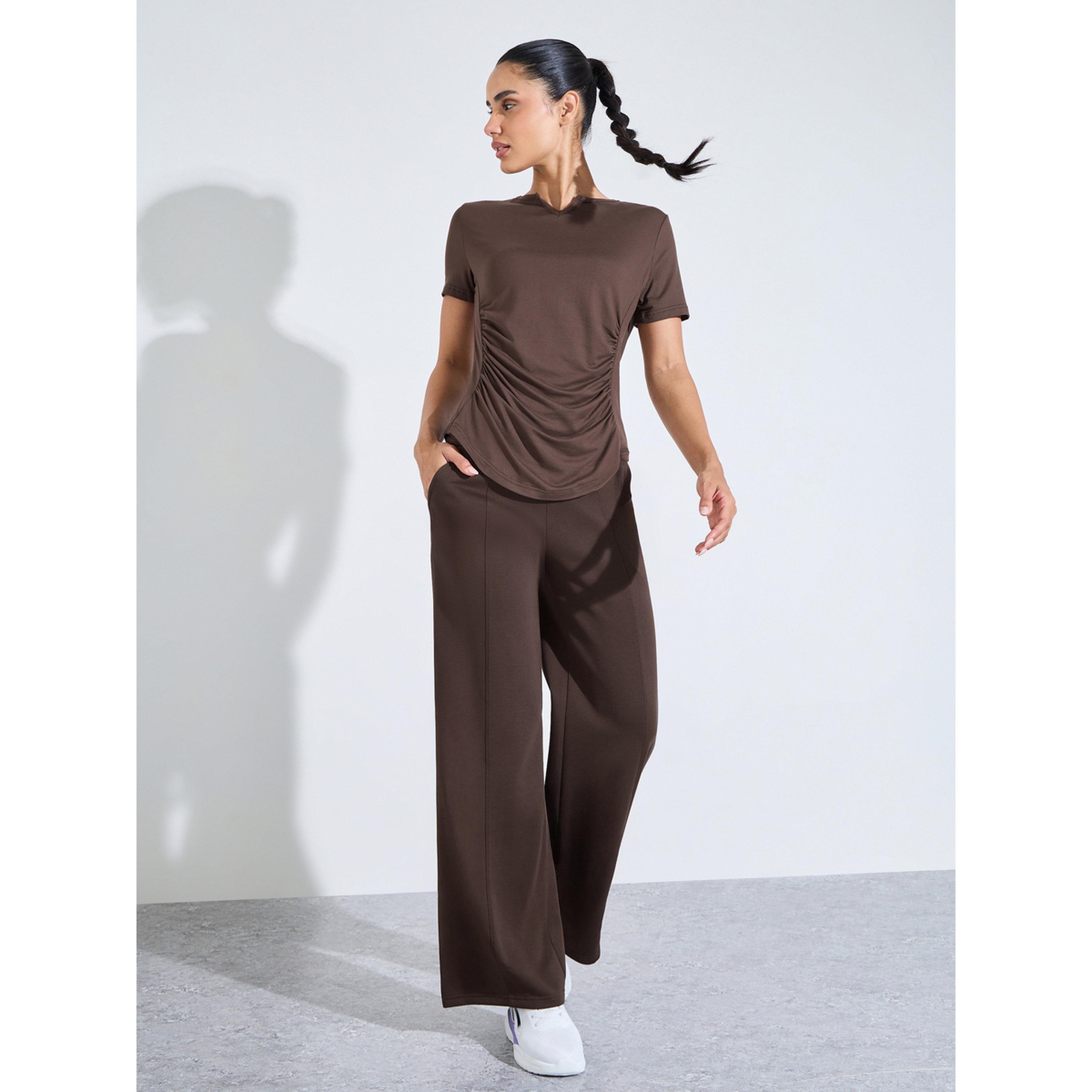 Styli Brown Solid Ruched Activewear T-Shirt-sports-women-clothing-tshirtsandvests-image-2