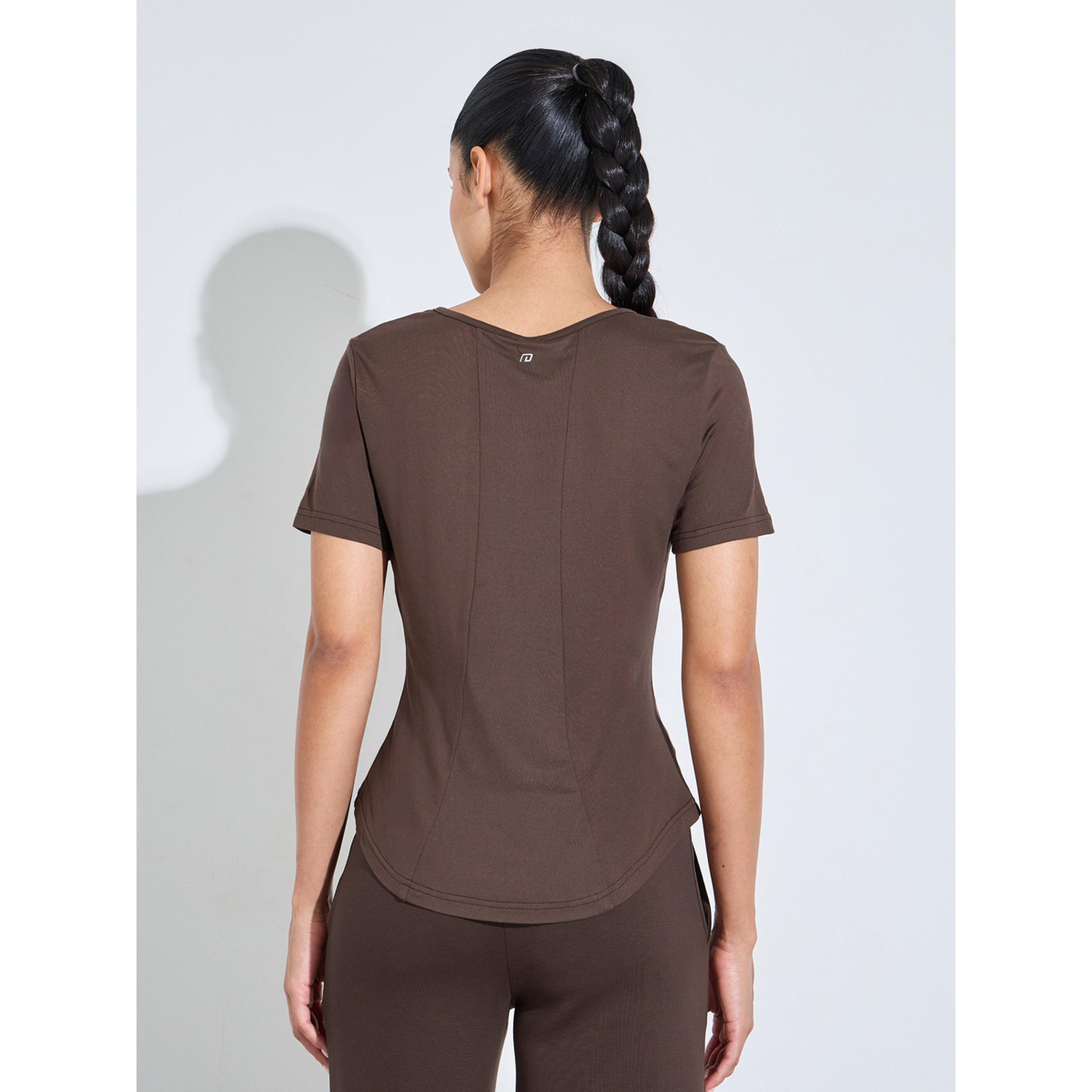 Styli Brown Solid Ruched Activewear T-Shirt-sports-women-clothing-tshirtsandvests-image-3