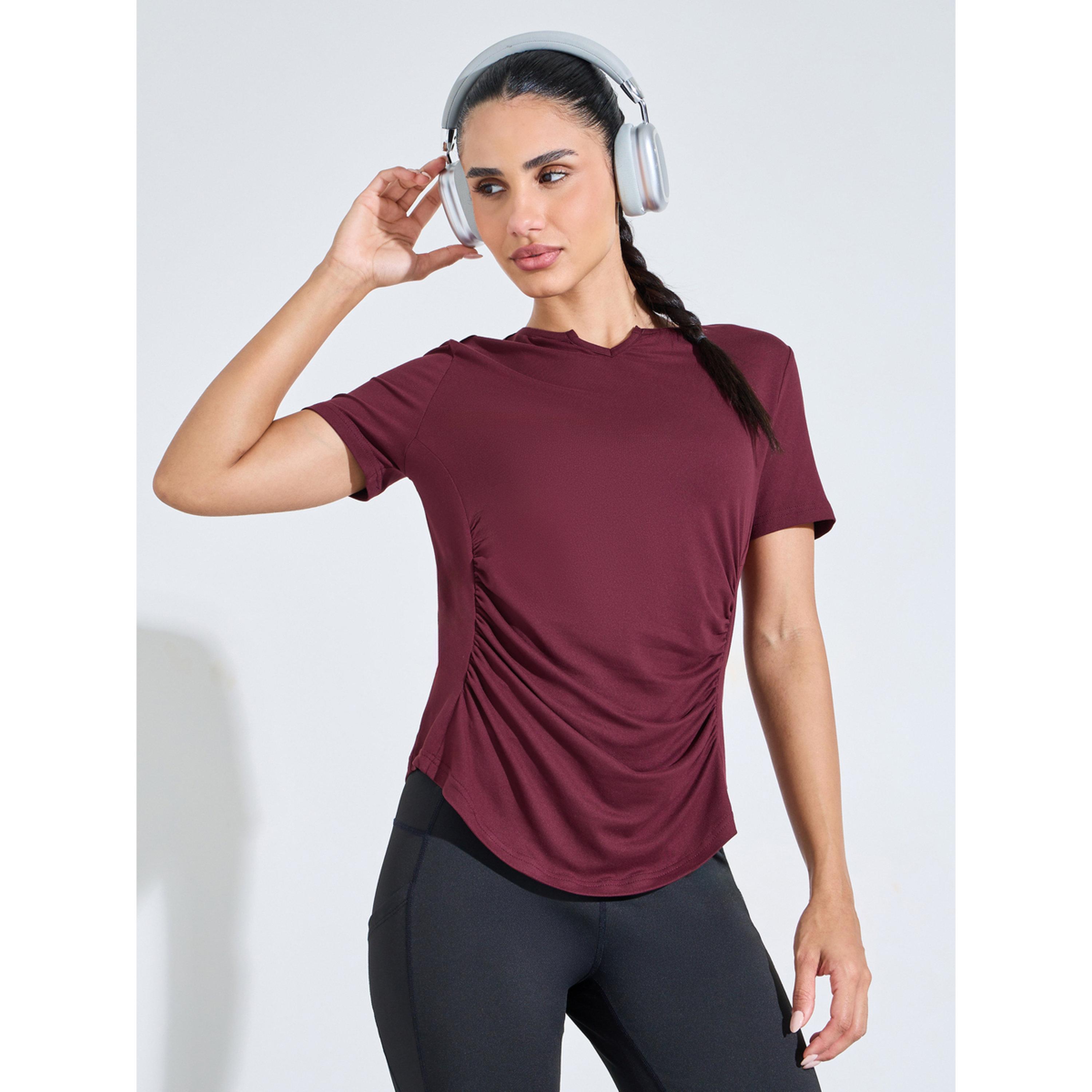 Styli Burgundy Solid Ruched Activewear T-Shirt-sports-women-clothing-tshirtsandvests-image-1
