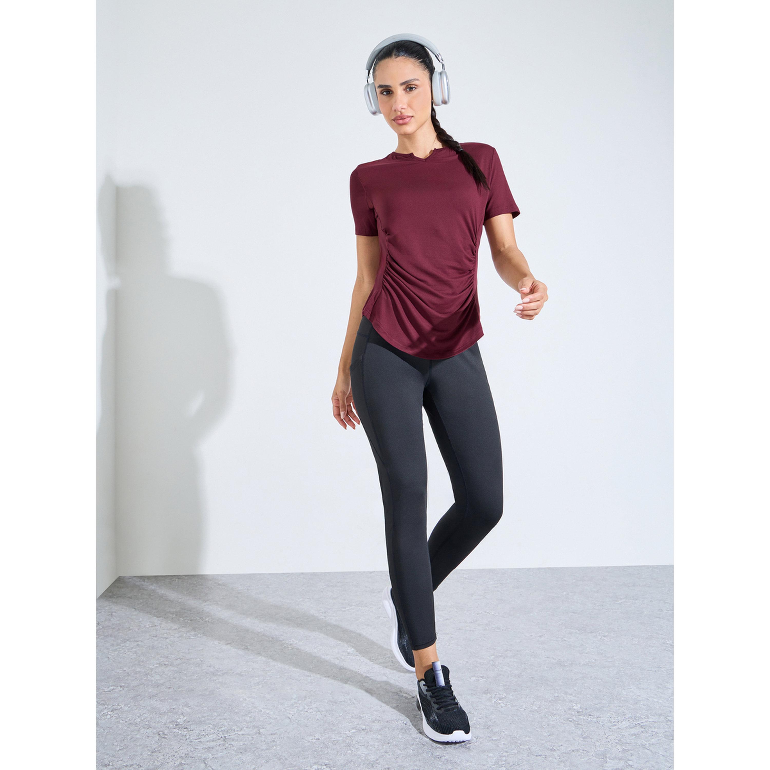 Styli Burgundy Solid Ruched Activewear T-Shirt-sports-women-clothing-tshirtsandvests-image-2