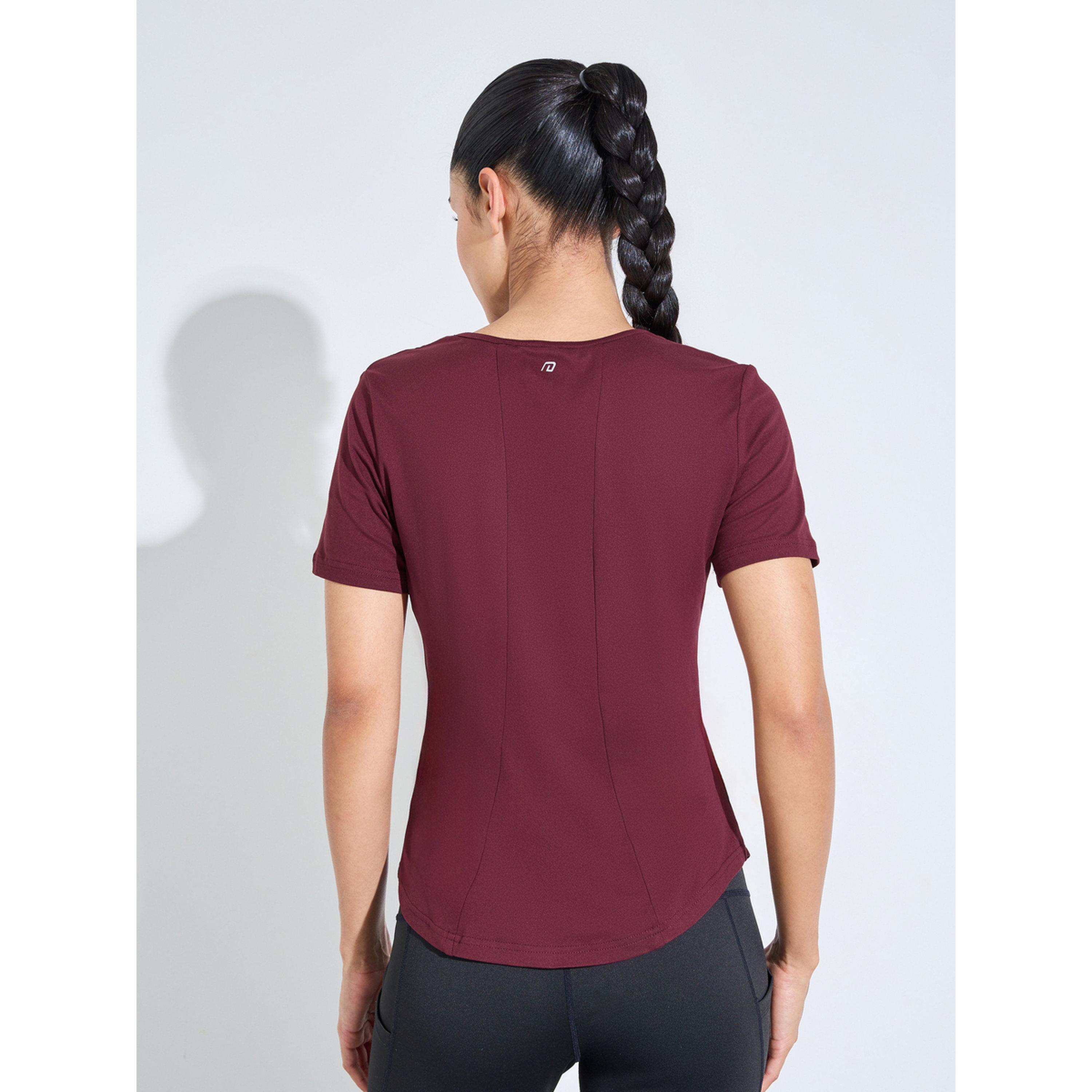 Styli Burgundy Solid Ruched Activewear T-Shirt-sports-women-clothing-tshirtsandvests-image-3