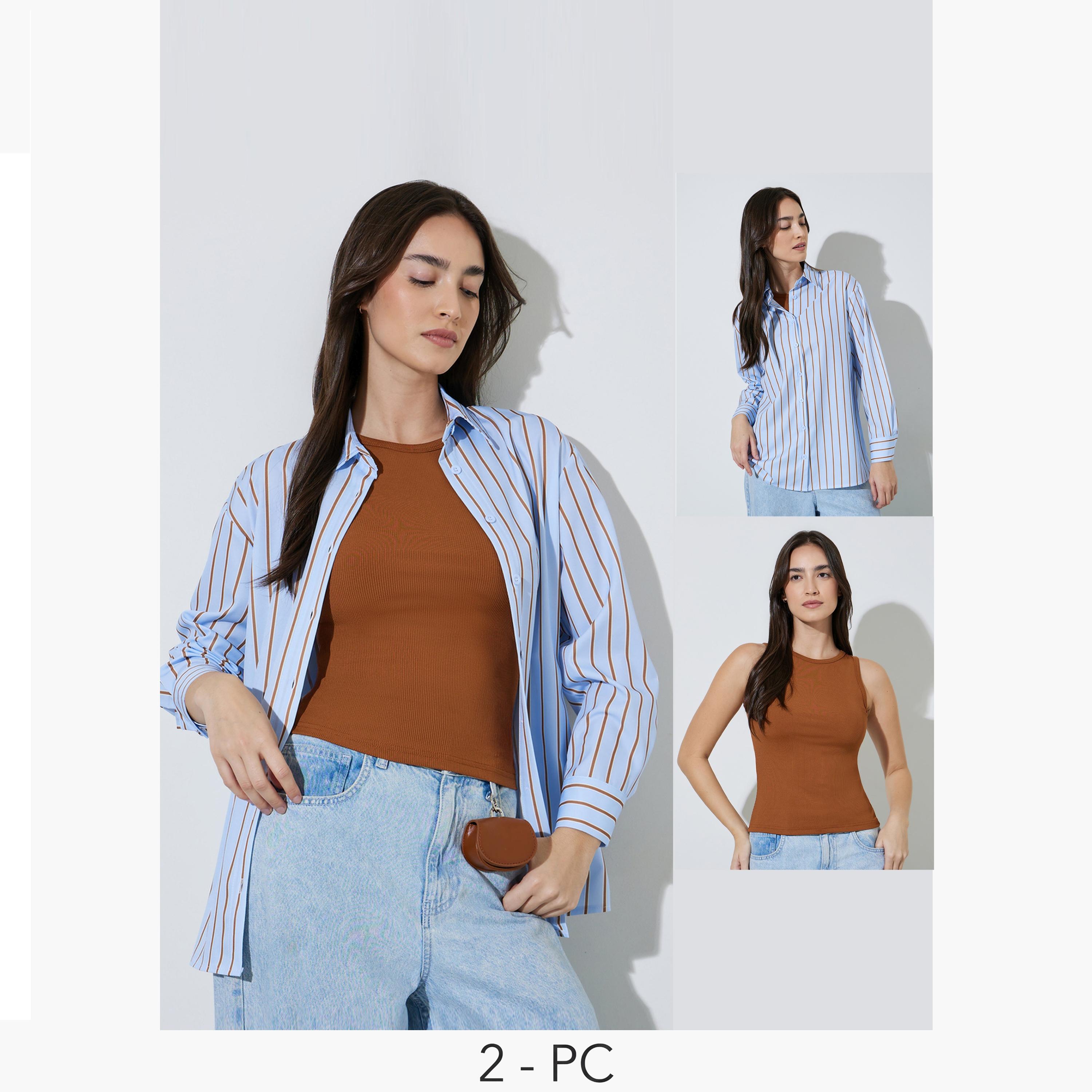 Styli Blue Striped Long Sleeves Oversized Shirt with Tank Top-women-clothing-shirtsandblouses-shirts-image-1