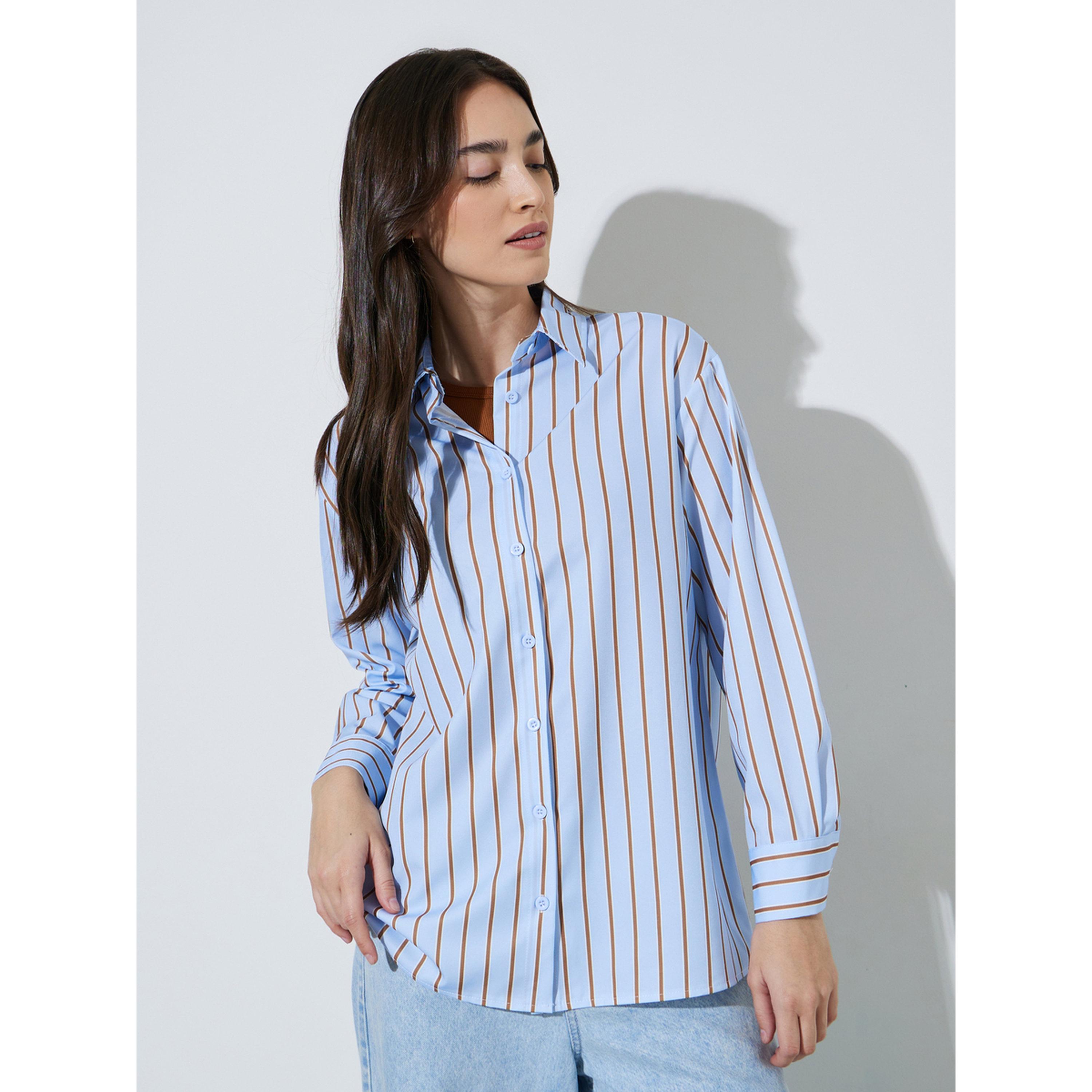 قميص واسع بأكمام طويلة ومخطط مع بلوزة تانك-women-clothing-shirtsandblouses-shirts-image-2