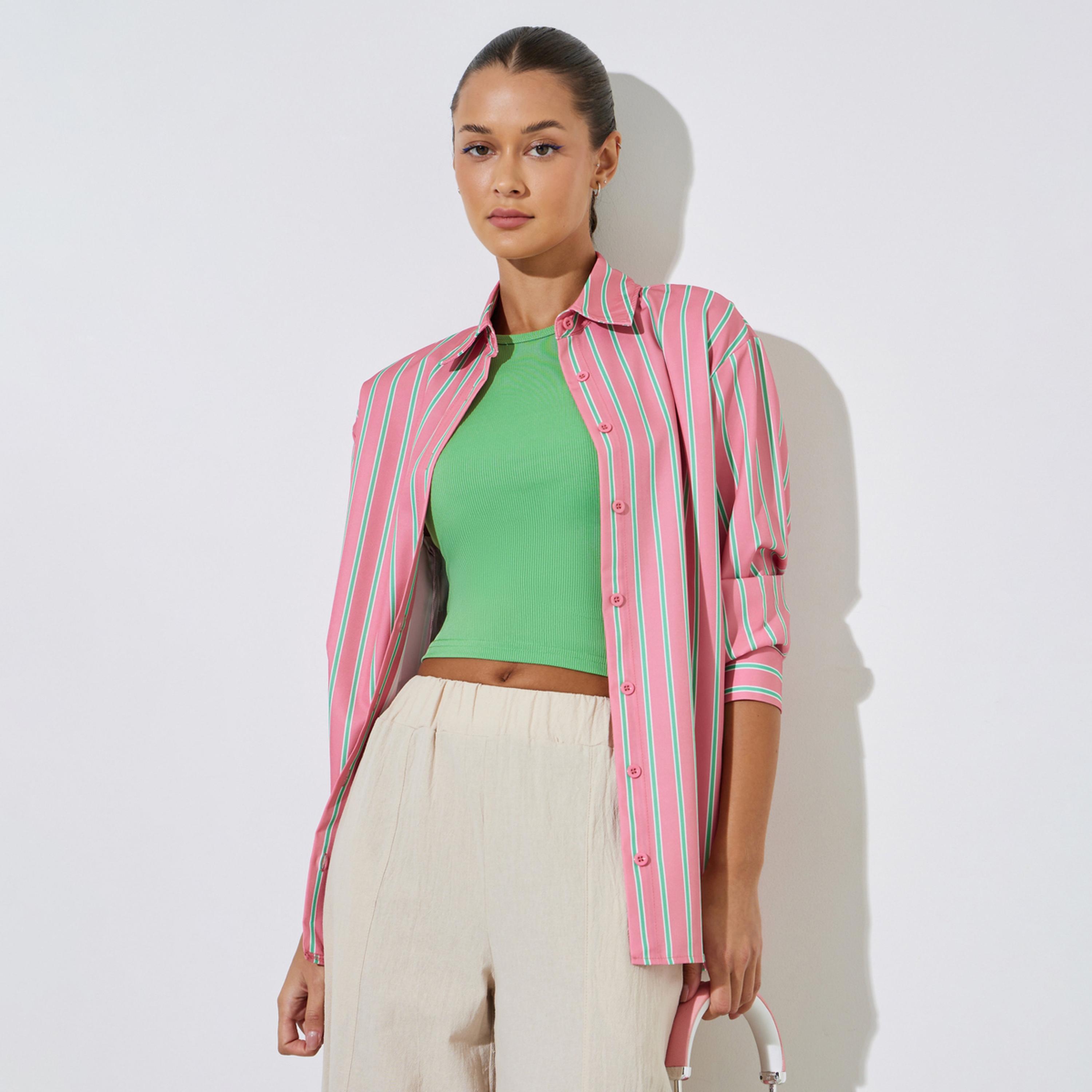 Styli Pink Striped Long Sleeves Oversized Shirt with Tank Top-women-clothing-shirtsandblouses-shirts-image-1