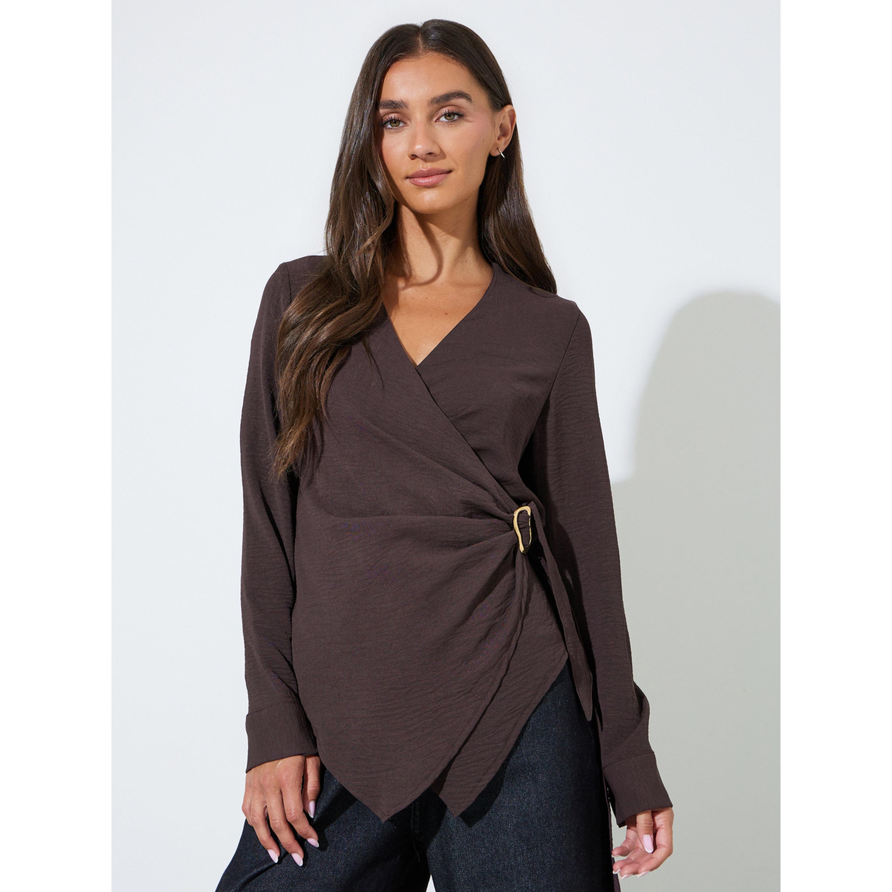 Styli Brown Long Sleeve Wrap Blouse with Buckle Detail-women-clothing-shirtsandblouses-blouses-image-1