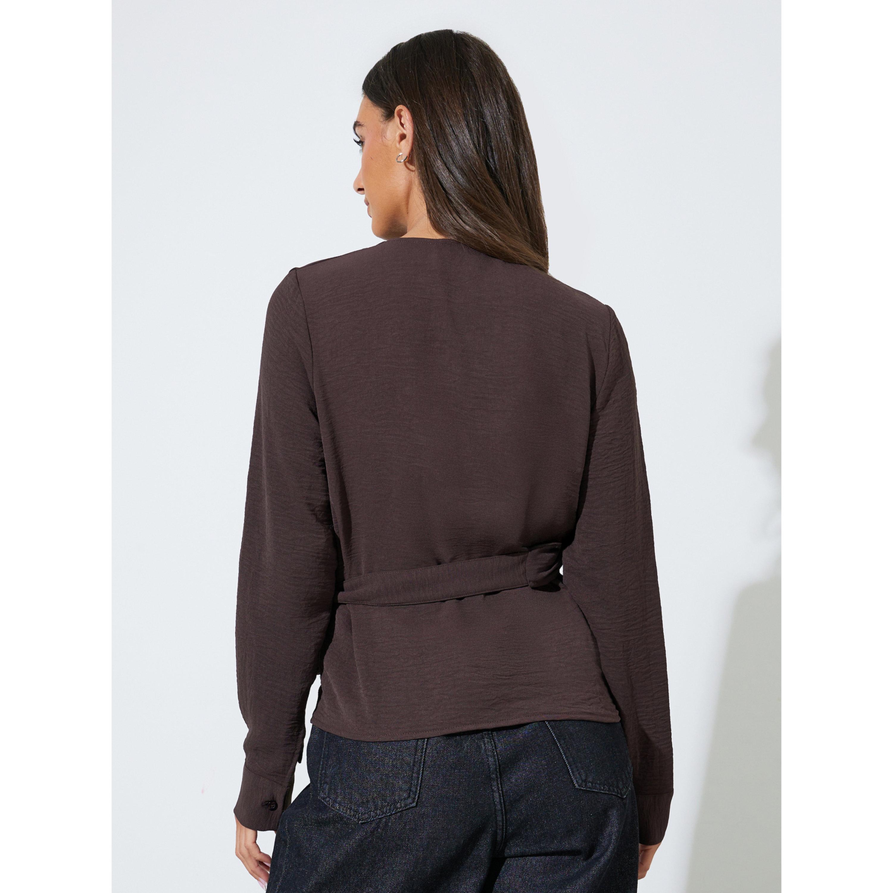 Styli Brown Long Sleeve Wrap Blouse with Buckle Detail-women-clothing-shirtsandblouses-blouses-image-3
