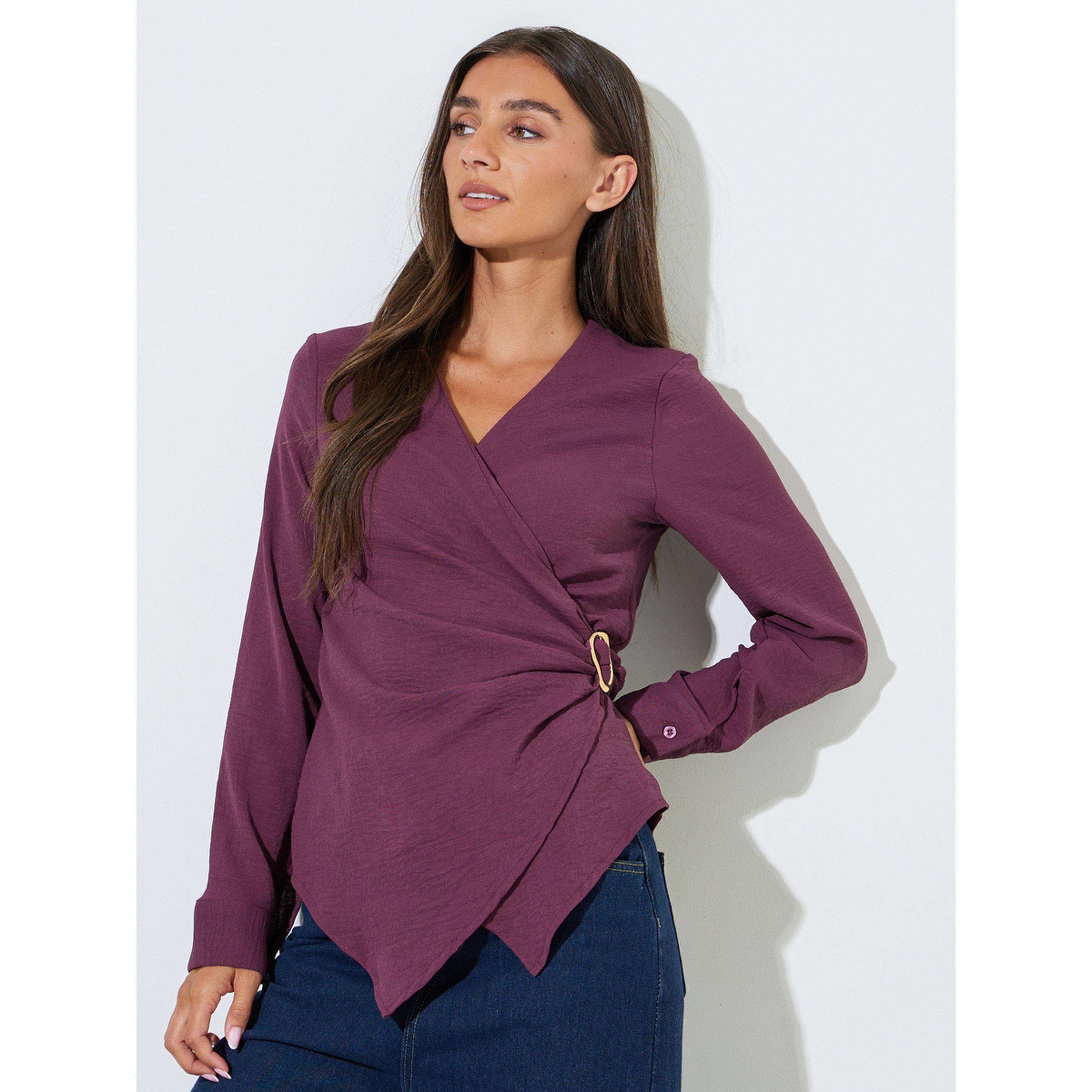 Styli Purple Solid  Long Sleeve Wrap Top with Buckle Detail-women-clothing-shirtsandblouses-blouses-image-1