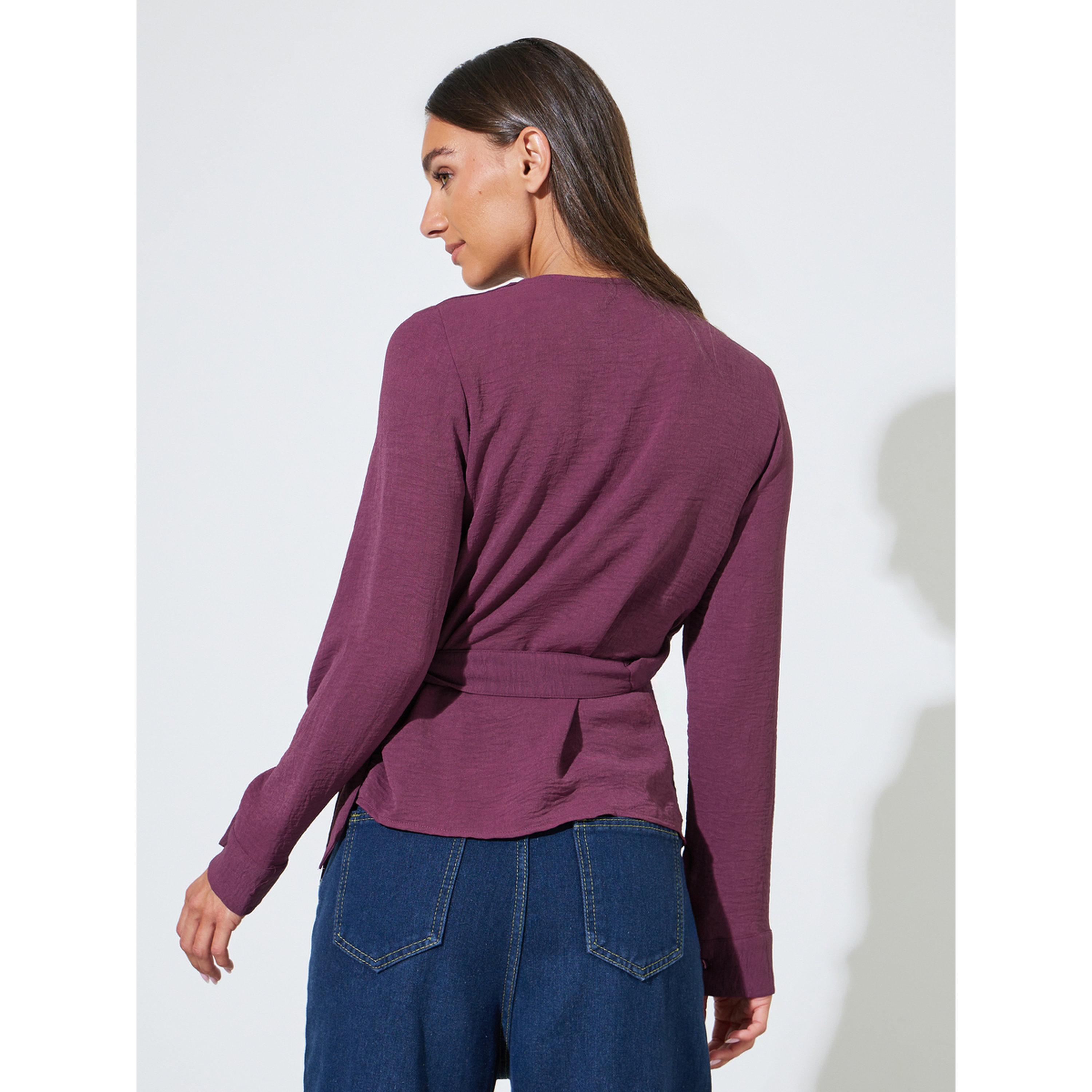 ستايلي - بلوزة أنيقة بلون أرجواني سادة بأكمام طويلة ملفوفة بتفاصيل إبزيم-women-clothing-shirtsandblouses-blouses-image-3