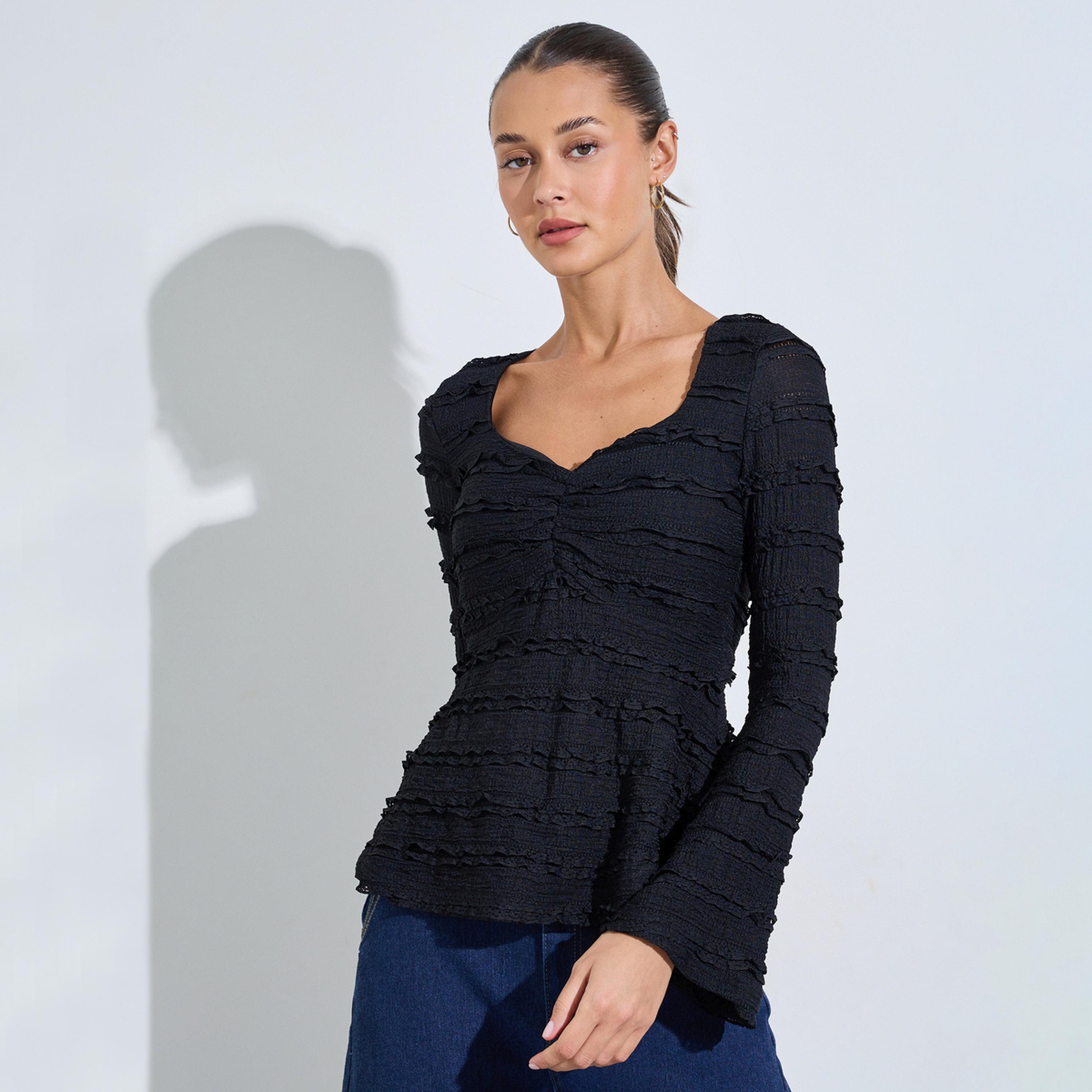 Styli Black Textured Sweetheart Neck Long Sleeve Peplum Top-women-clothing-shirtsandblouses-blouses-image-1