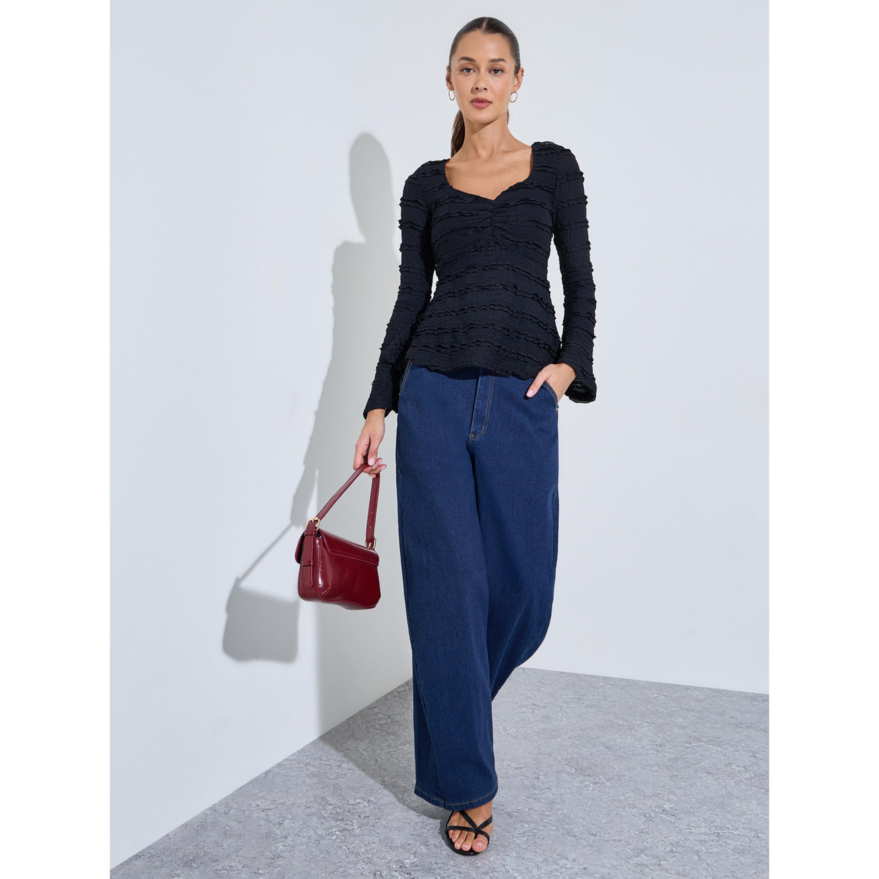 Styli Black Textured Sweetheart Neck Long Sleeve Peplum Top-women-clothing-shirtsandblouses-blouses-image-2