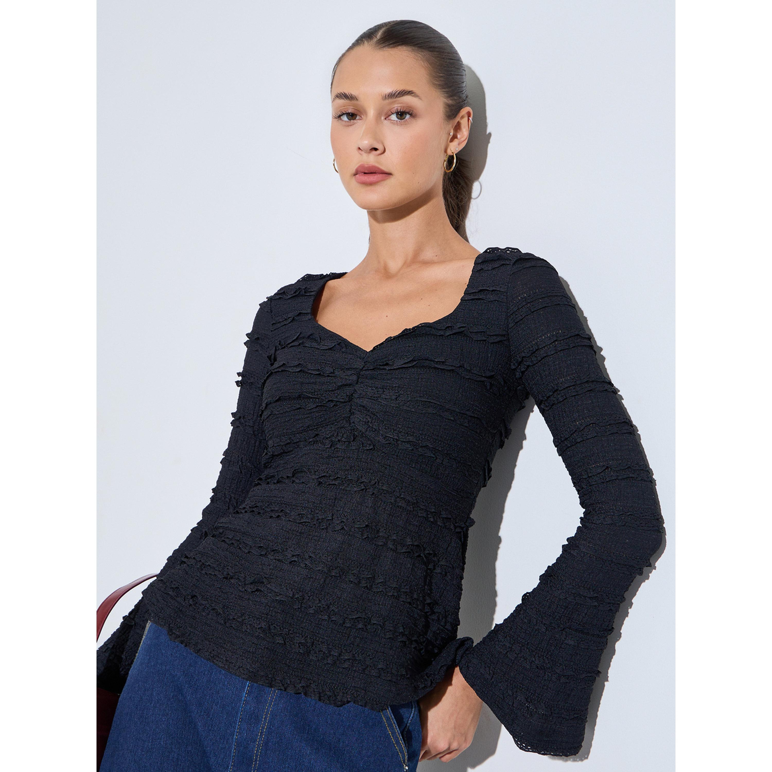 Styli Black Textured Sweetheart Neck Long Sleeve Peplum Top-women-clothing-shirtsandblouses-blouses-image-3