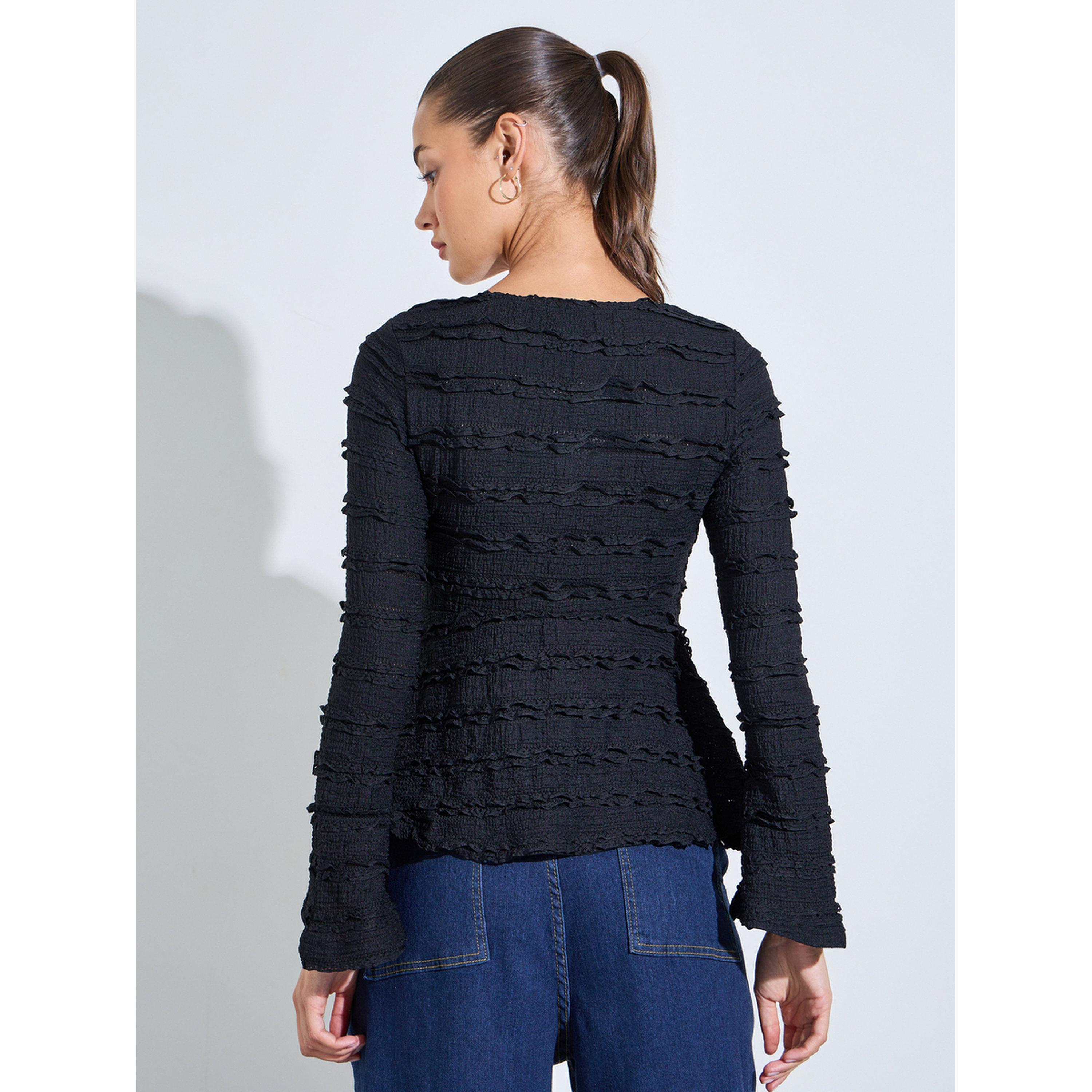 Styli Black Textured Sweetheart Neck Long Sleeve Peplum Top-women-clothing-shirtsandblouses-blouses-image-4