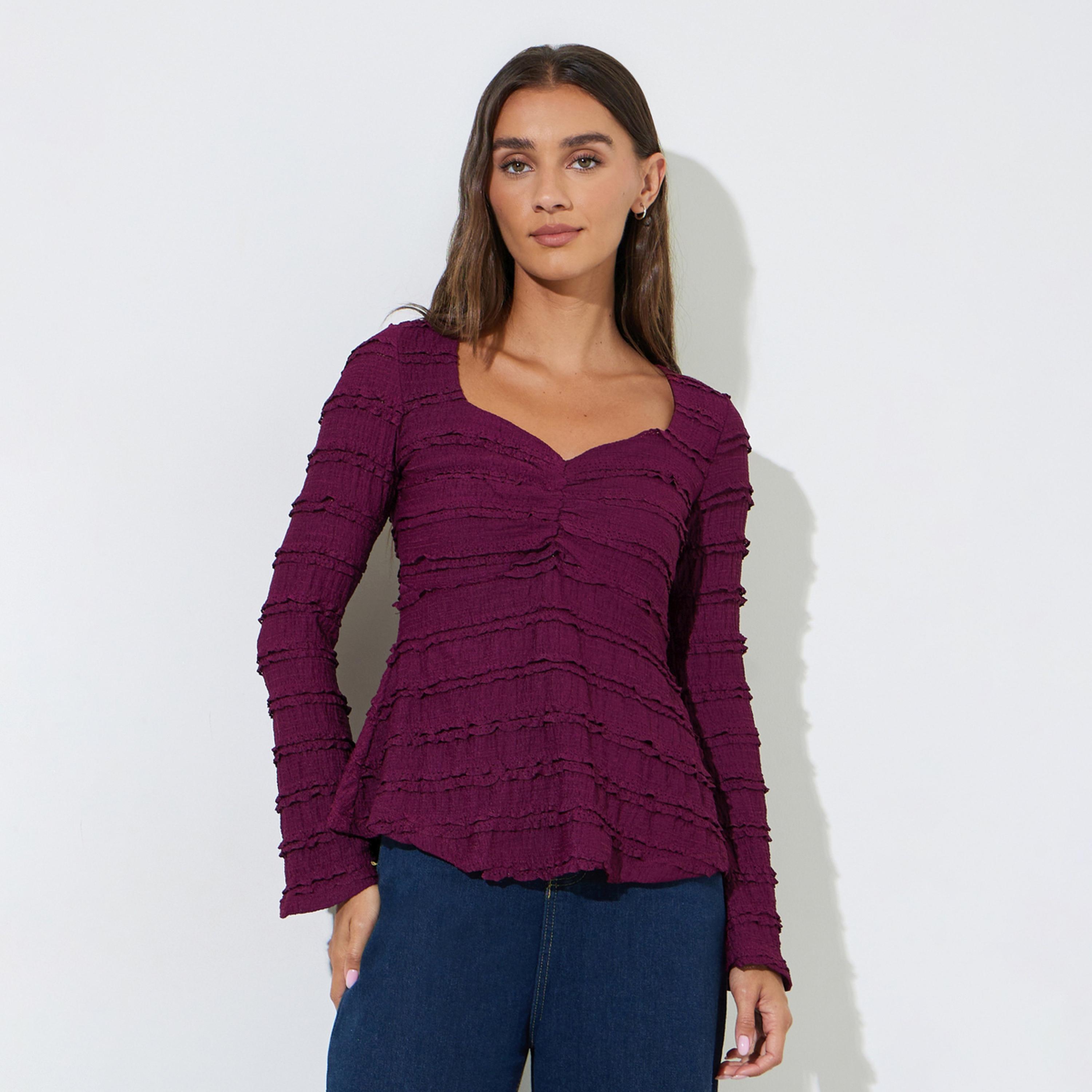 بلوزة بببلوم بأكمام طويلة بتفاصيل بارزة الملمس باللون العنابي-women-clothing-shirtsandblouses-blouses-image-1