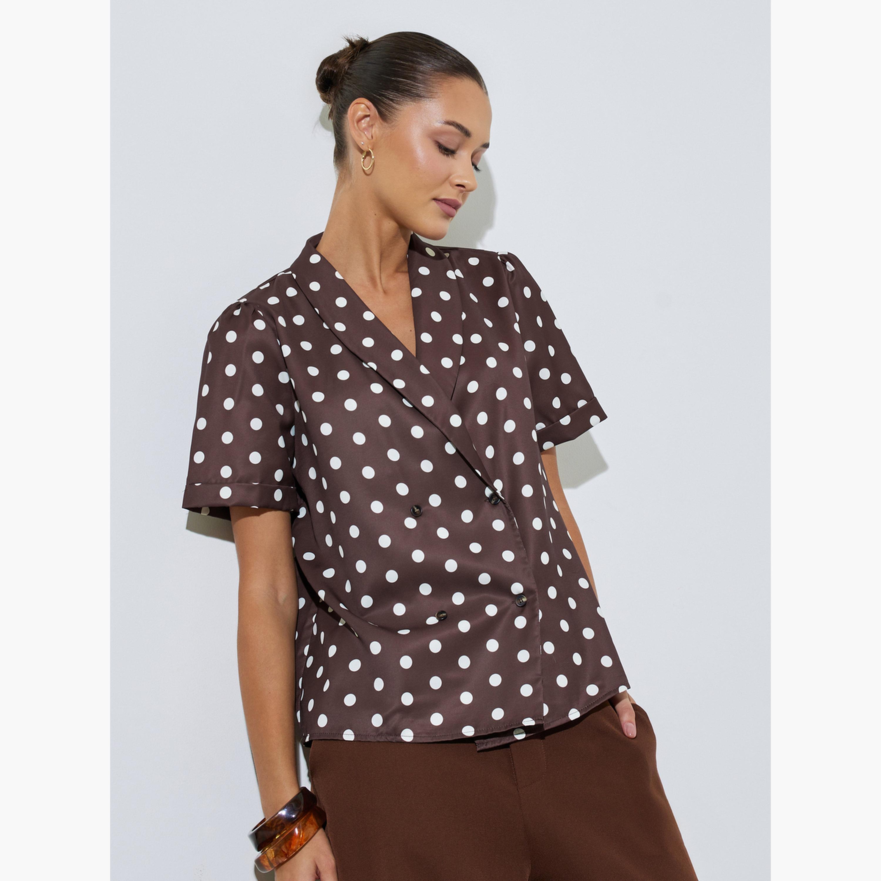 بلوزة أكمام قصيرة بنمط منقط وتصميم ملفوف-women-clothing-shirtsandblouses-blouses-image-1