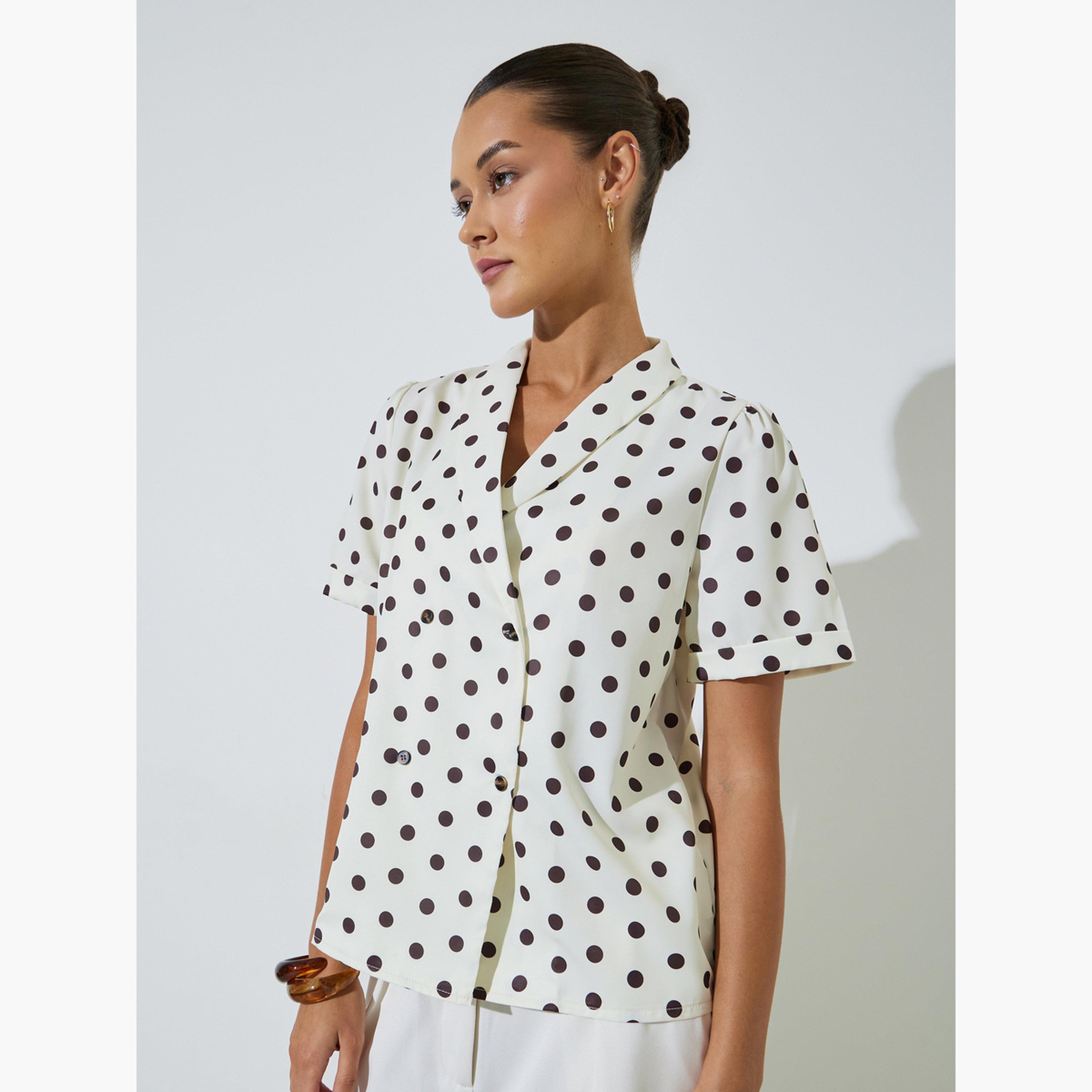 بلوزة أكمام قصيرة بنمط منقط وتصميم ملفوف-women-clothing-shirtsandblouses-blouses-image-1