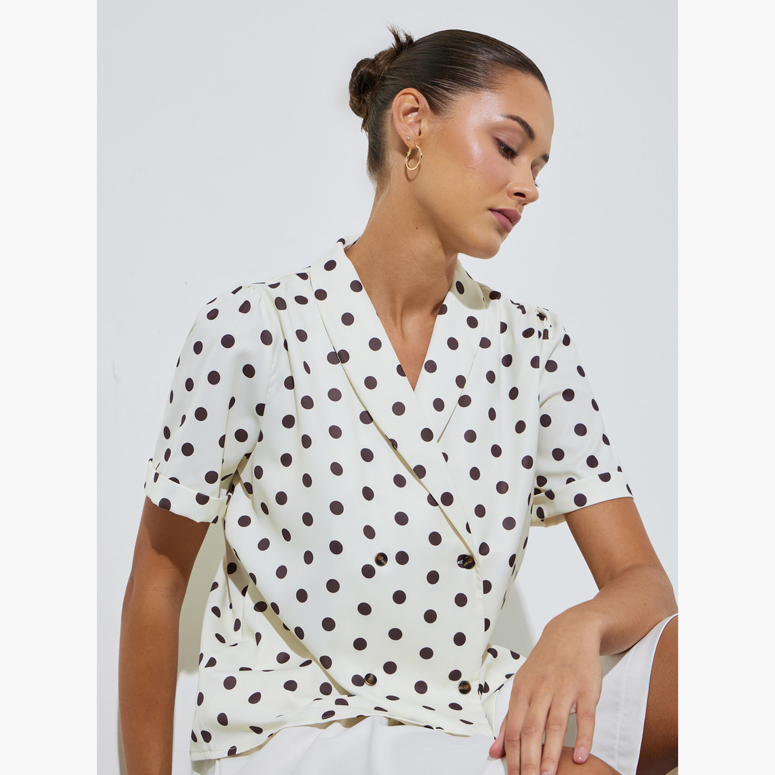 بلوزة أكمام قصيرة بنمط منقط وتصميم ملفوف-women-clothing-shirtsandblouses-blouses-image-3