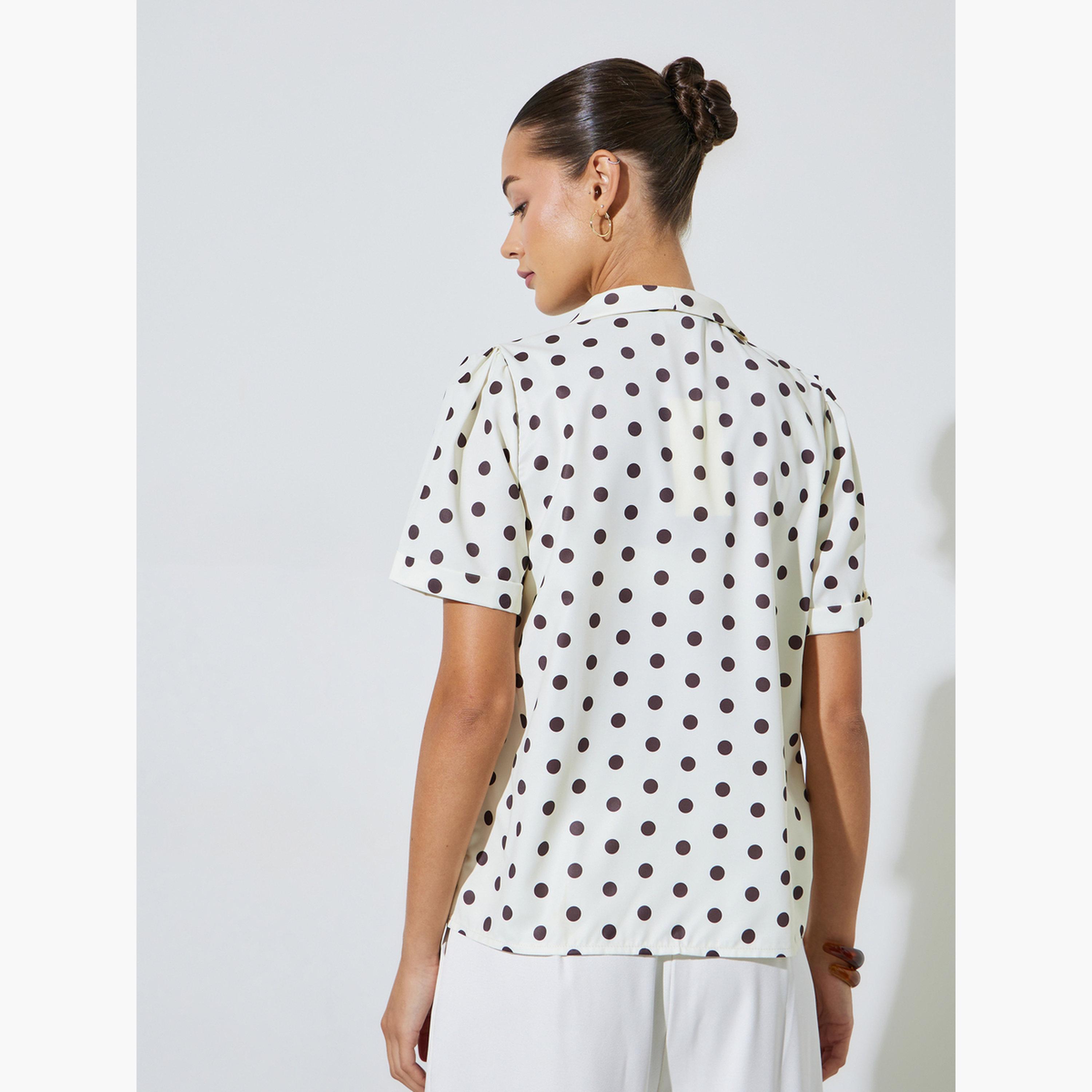 بلوزة أكمام قصيرة بنمط منقط وتصميم ملفوف-women-clothing-shirtsandblouses-blouses-image-4