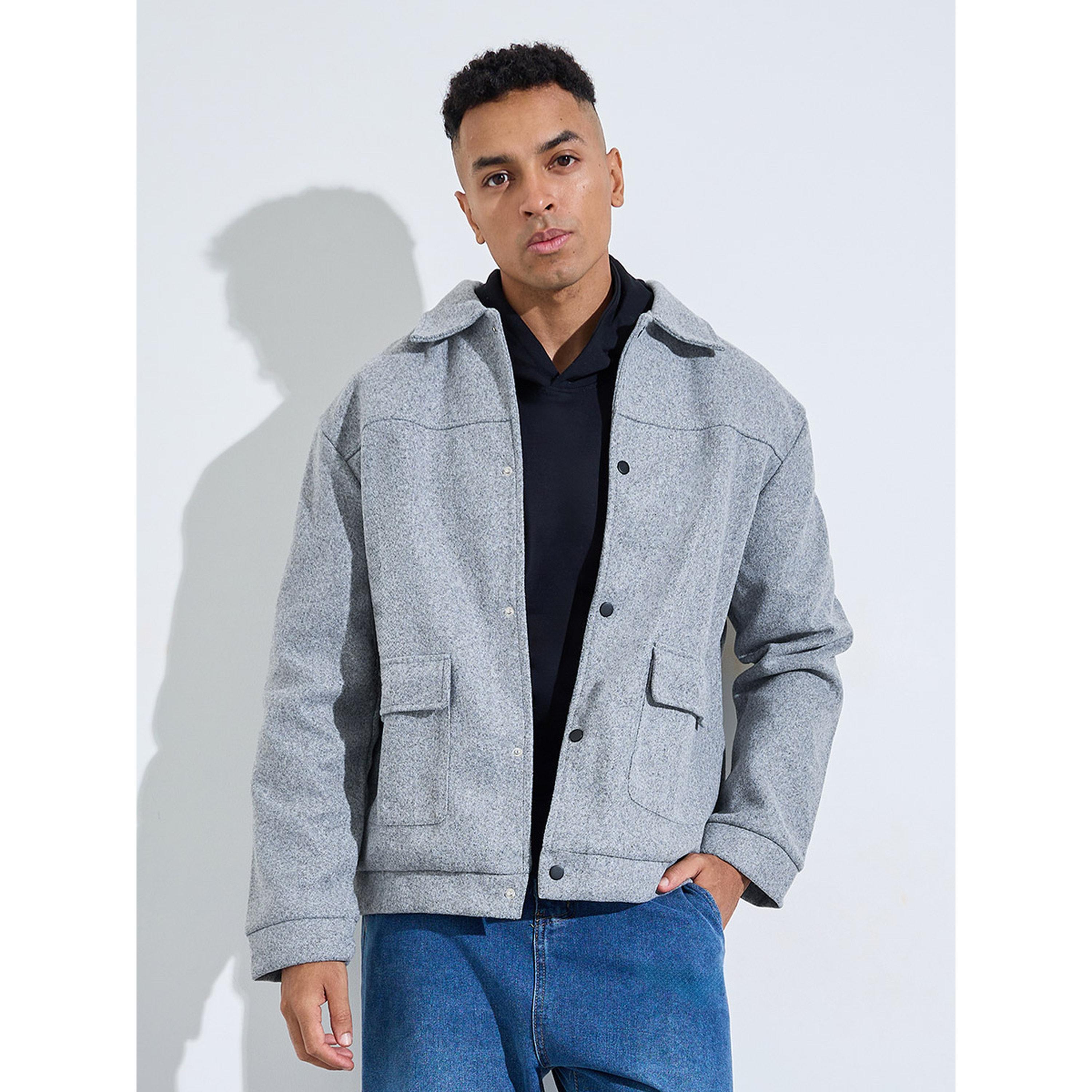 Styli Grey Solid Classic Snap Button Workwear Jacket-men-winterwear-jacketsandblazers-image-1