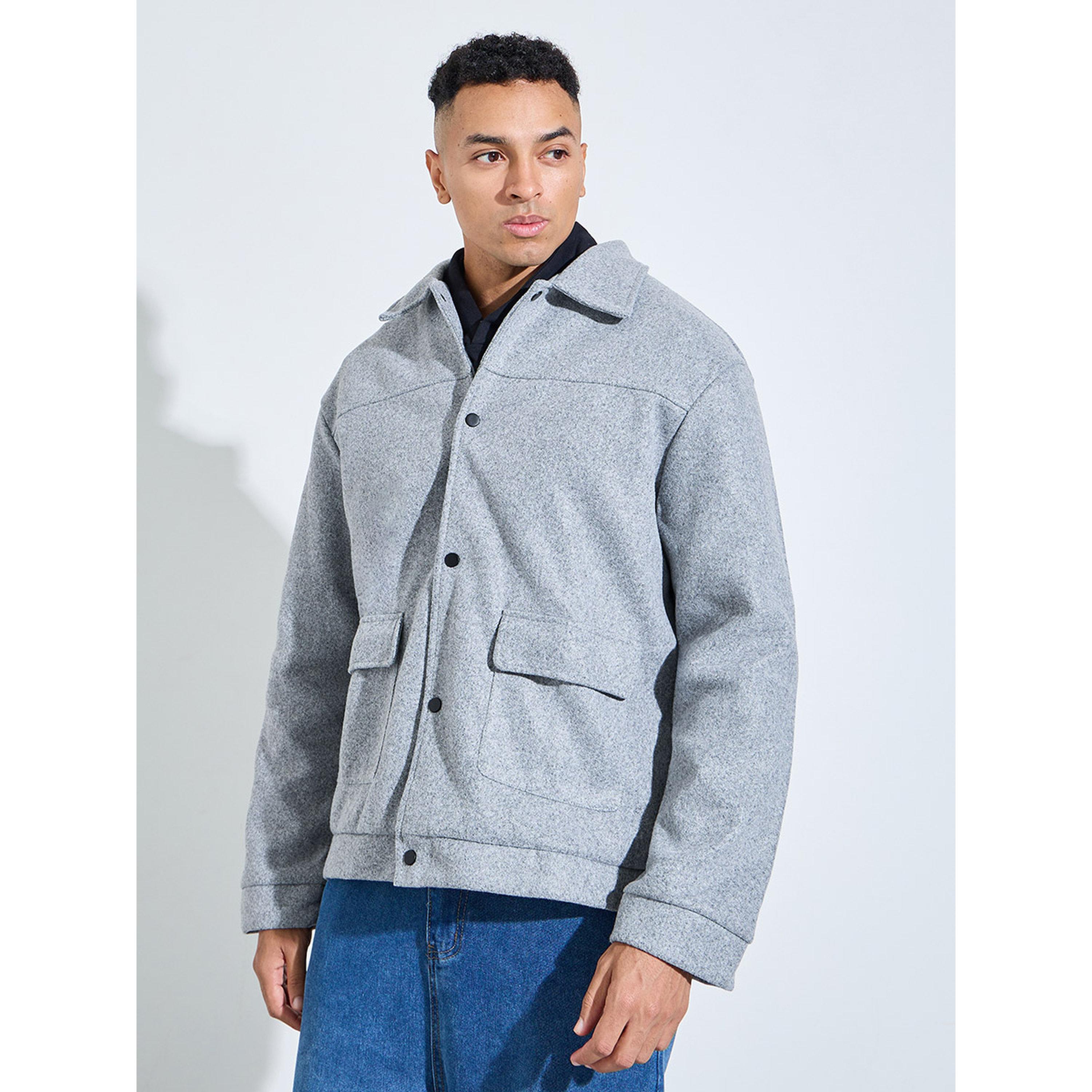 Styli Grey Solid Classic Snap Button Workwear Jacket-men-winterwear-jacketsandblazers-image-3