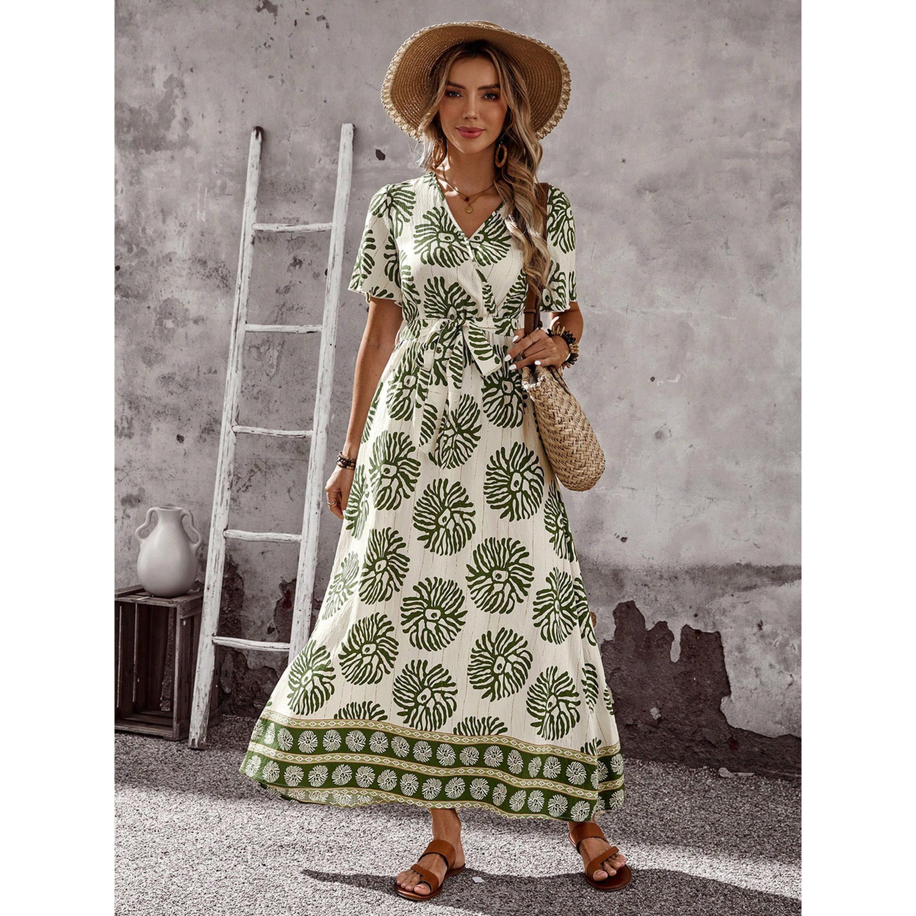 فستان طويل بحافة واسعة وأكمام قصيرة وطبعة قبائلية-women-clothing-dresses-image-1