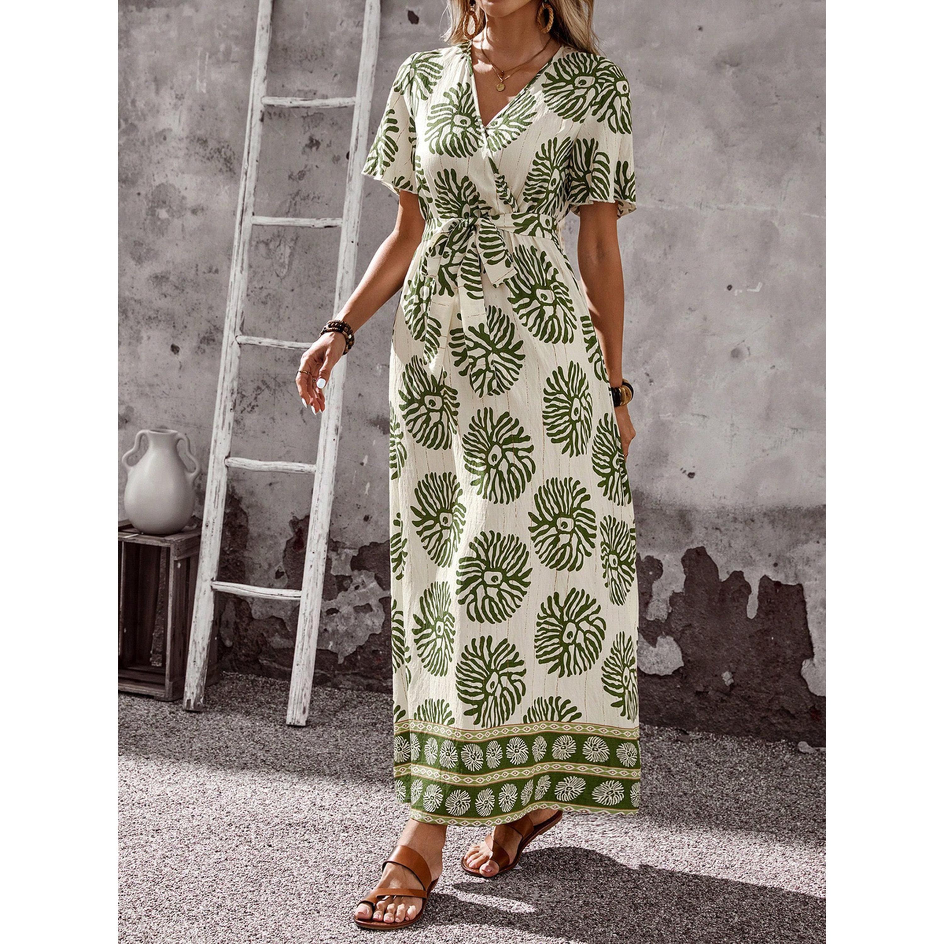 فستان طويل بحافة واسعة وأكمام قصيرة وطبعة قبائلية-women-clothing-dresses-image-5