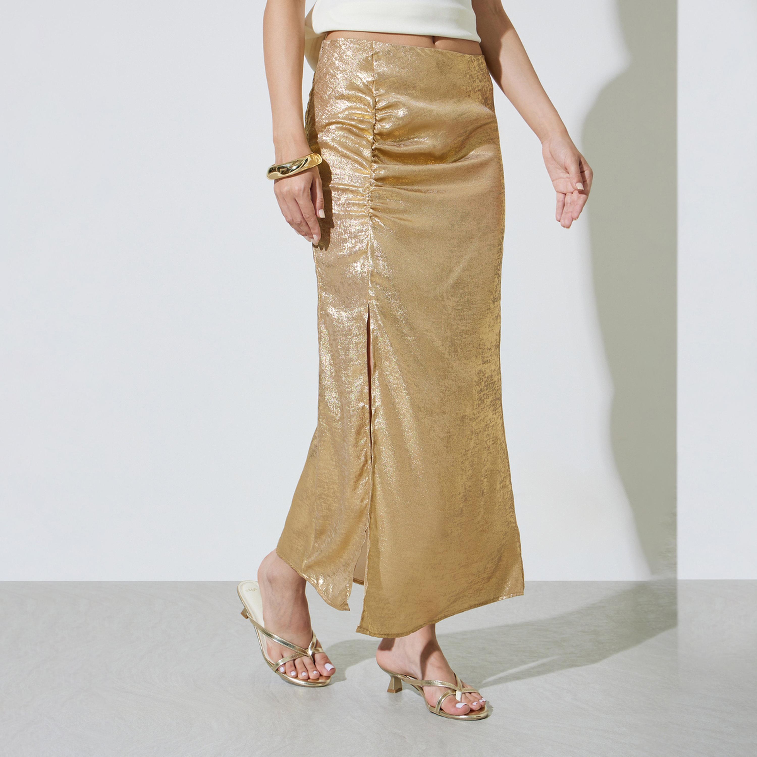 Take Two Gold Bias Cut Maxi Skirt with Slit-women-clothing-bottoms-skirts-image-1