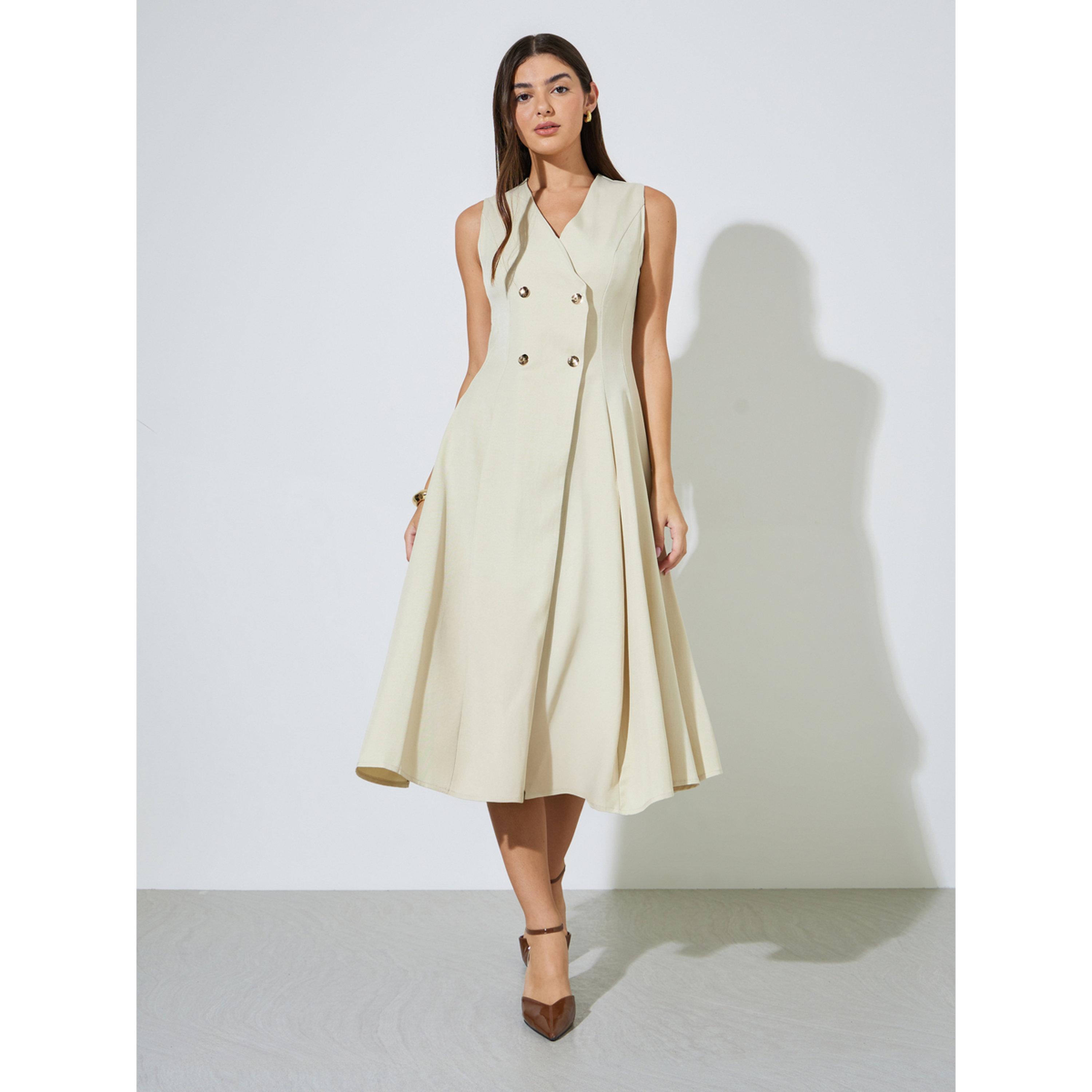 Styli Beige Solid Double Breast Sleeveless Blazer Midi Dress-women-clothing-dresses-image-1