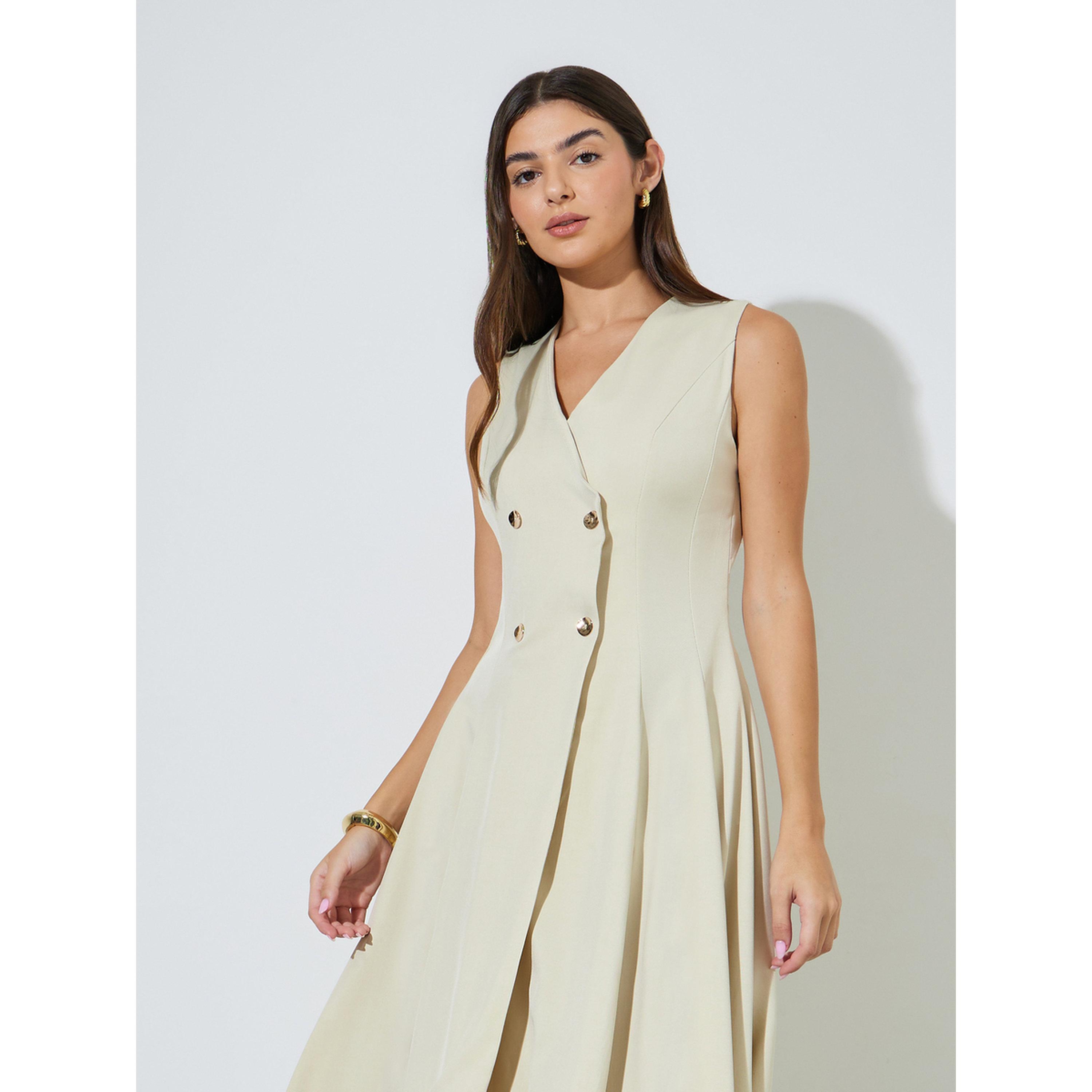 Styli Beige Solid Double Breast Sleeveless Blazer Midi Dress-women-clothing-dresses-image-2