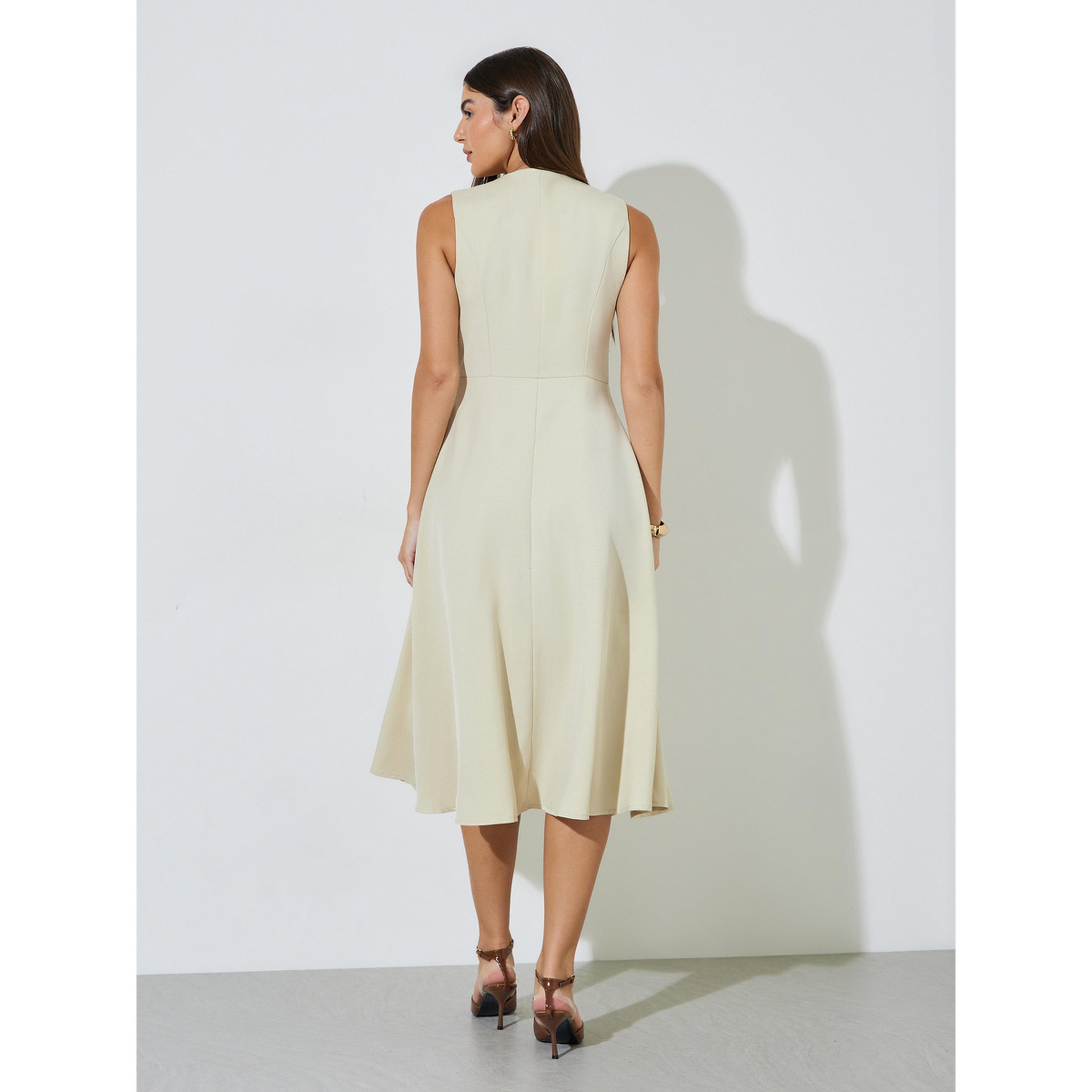 Styli Beige Solid Double Breast Sleeveless Blazer Midi Dress-women-clothing-dresses-image-3