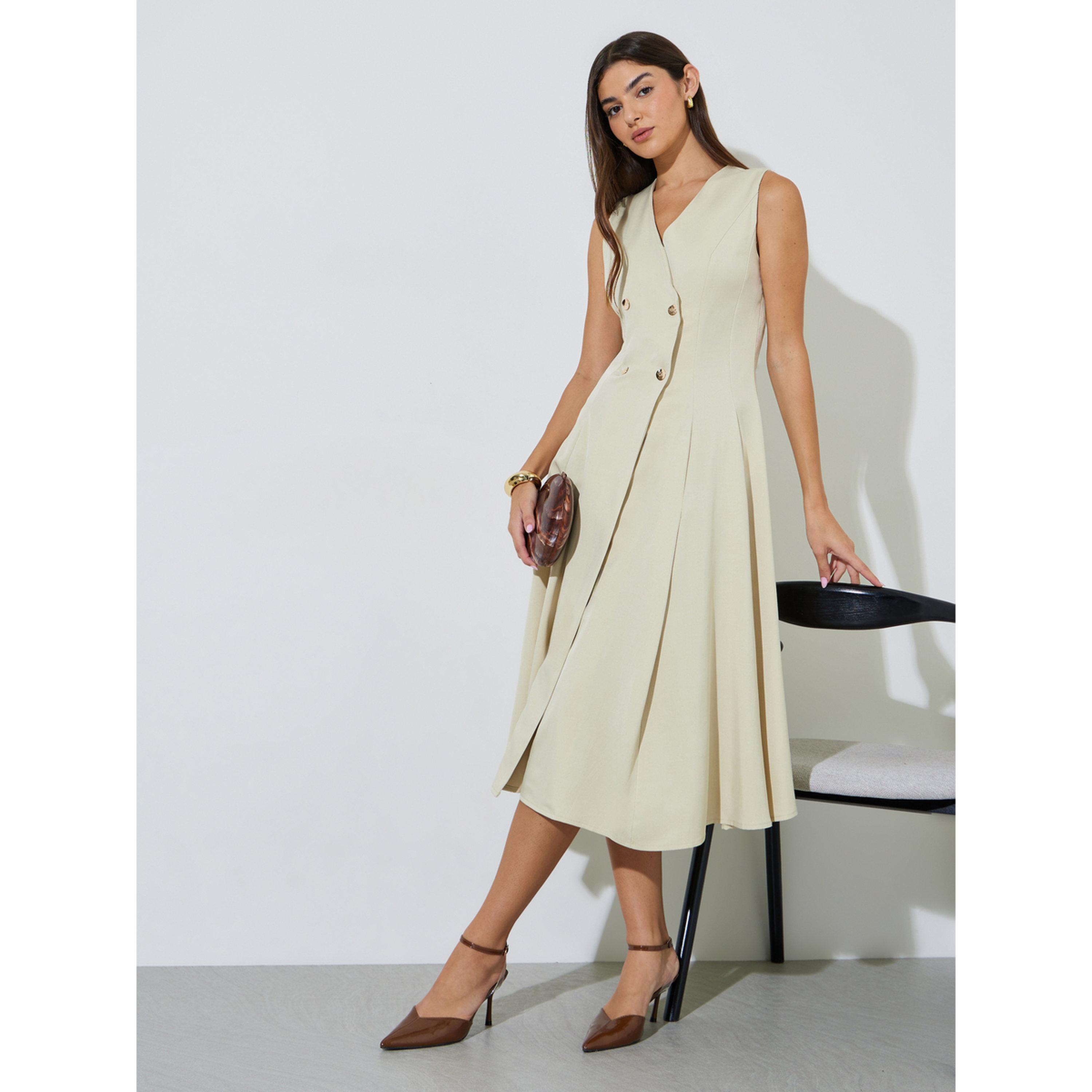Styli Beige Solid Double Breast Sleeveless Blazer Midi Dress-women-clothing-dresses-image-4