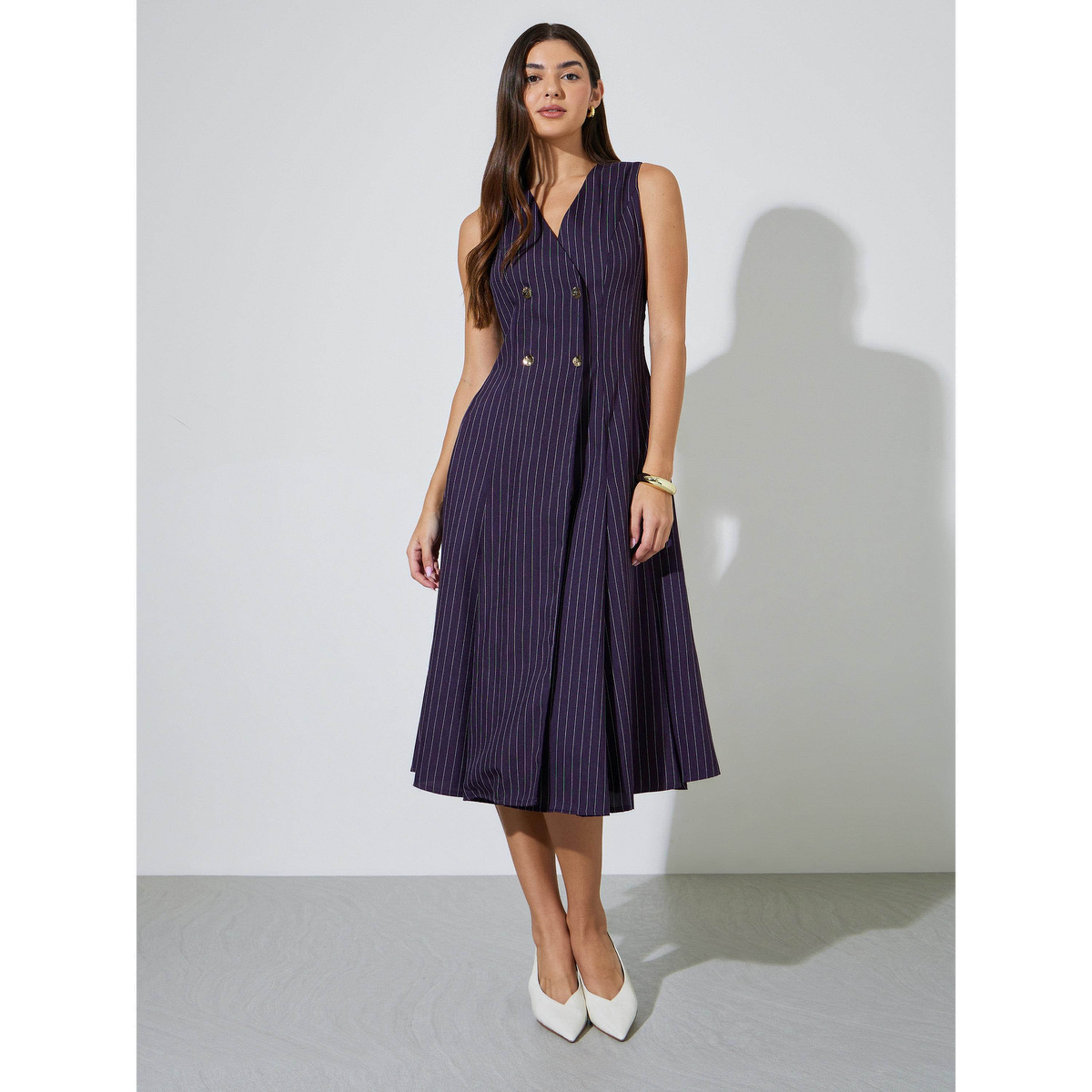 Styli Purple Striped Double Breast Sleeveless Blazer Midi Dress-women-clothing-dresses-image-1