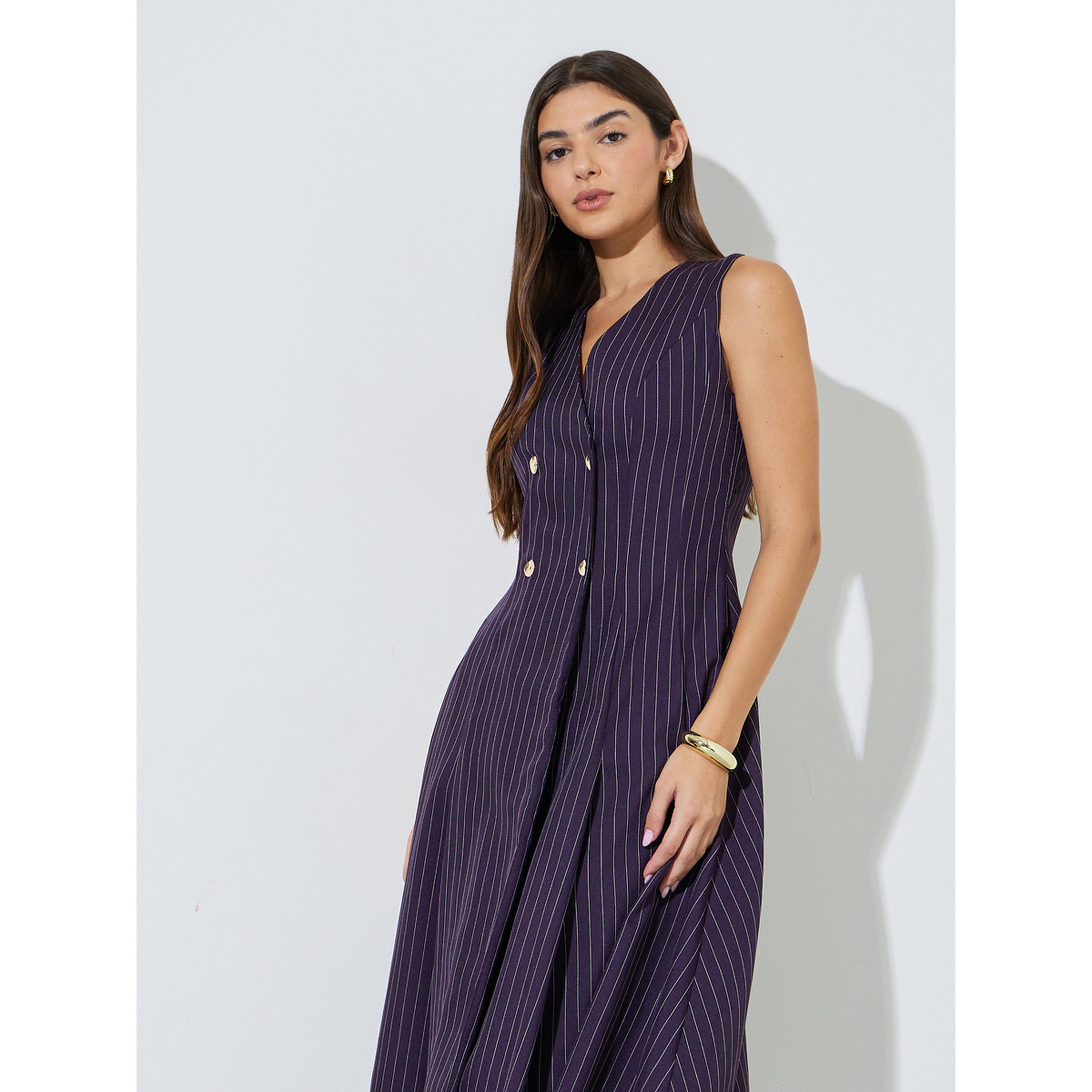 Styli Purple Striped Double Breast Sleeveless Blazer Midi Dress-women-clothing-dresses-image-2