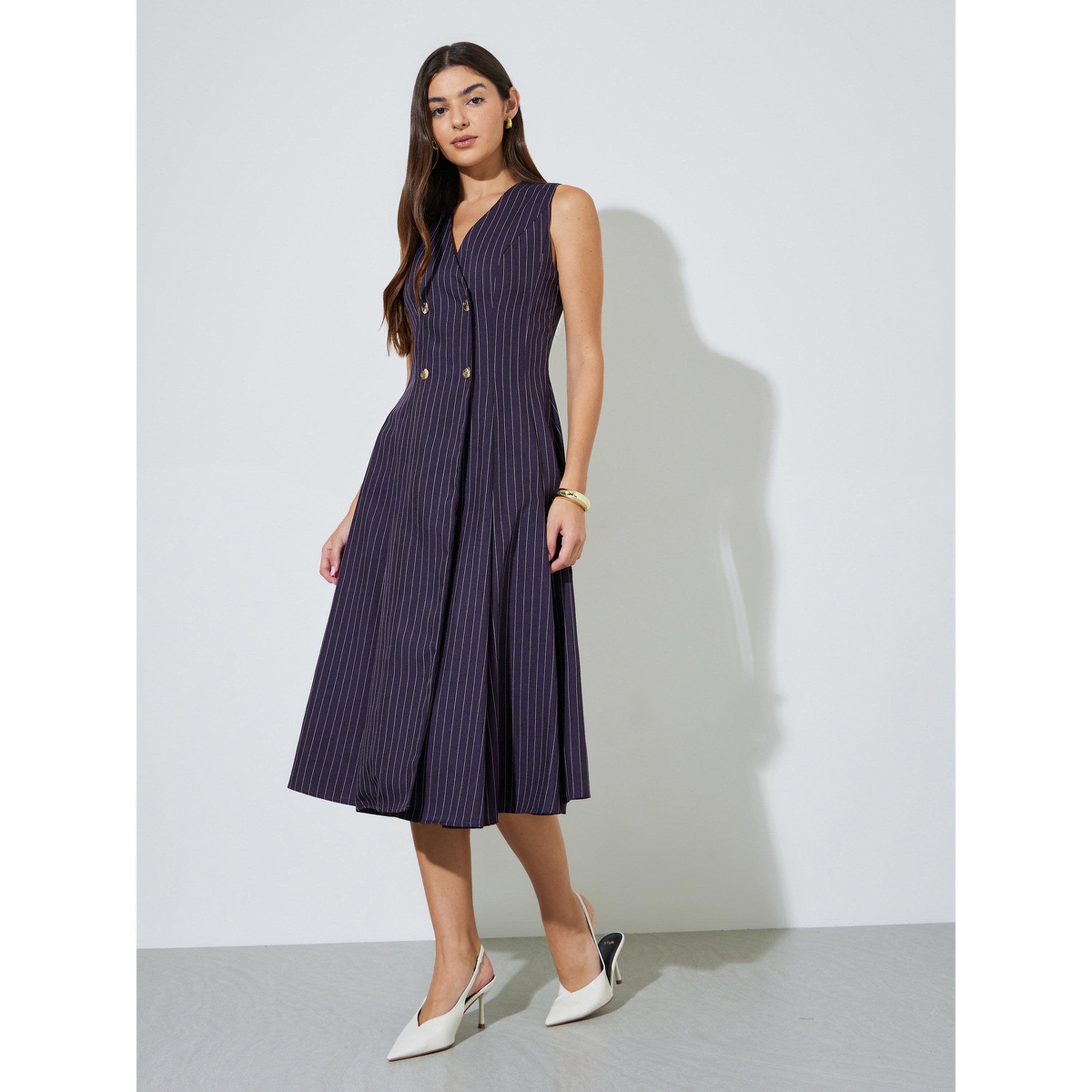 Styli Purple Striped Double Breast Sleeveless Blazer Midi Dress-women-clothing-dresses-image-3