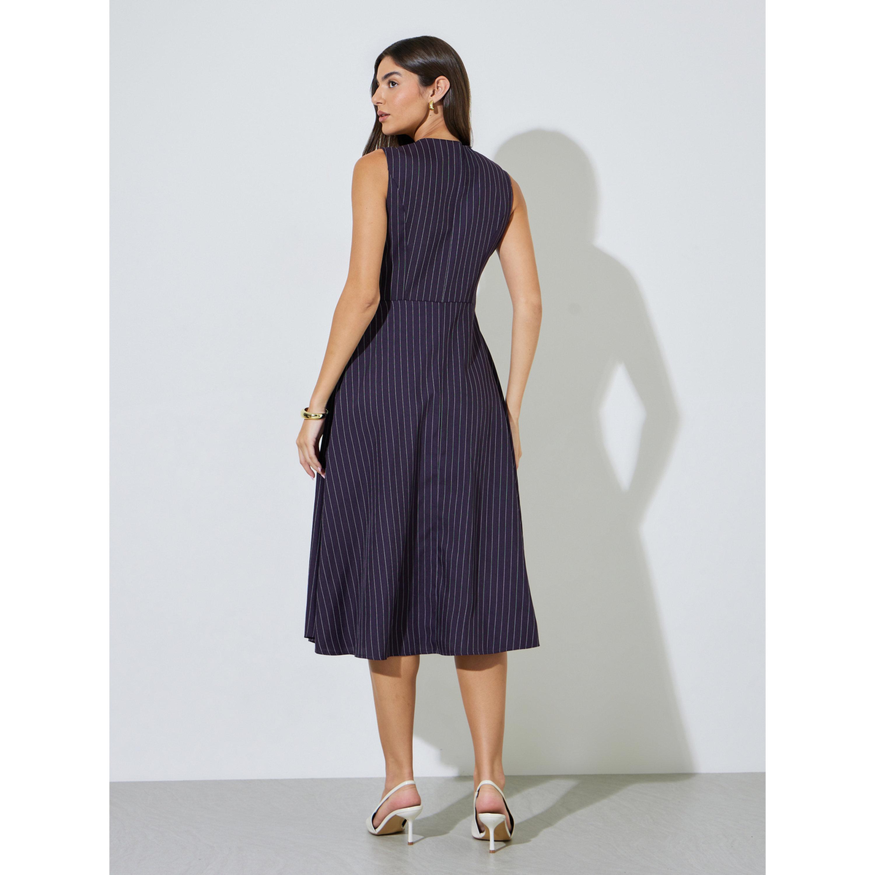 Styli Purple Striped Double Breast Sleeveless Blazer Midi Dress-women-clothing-dresses-image-4