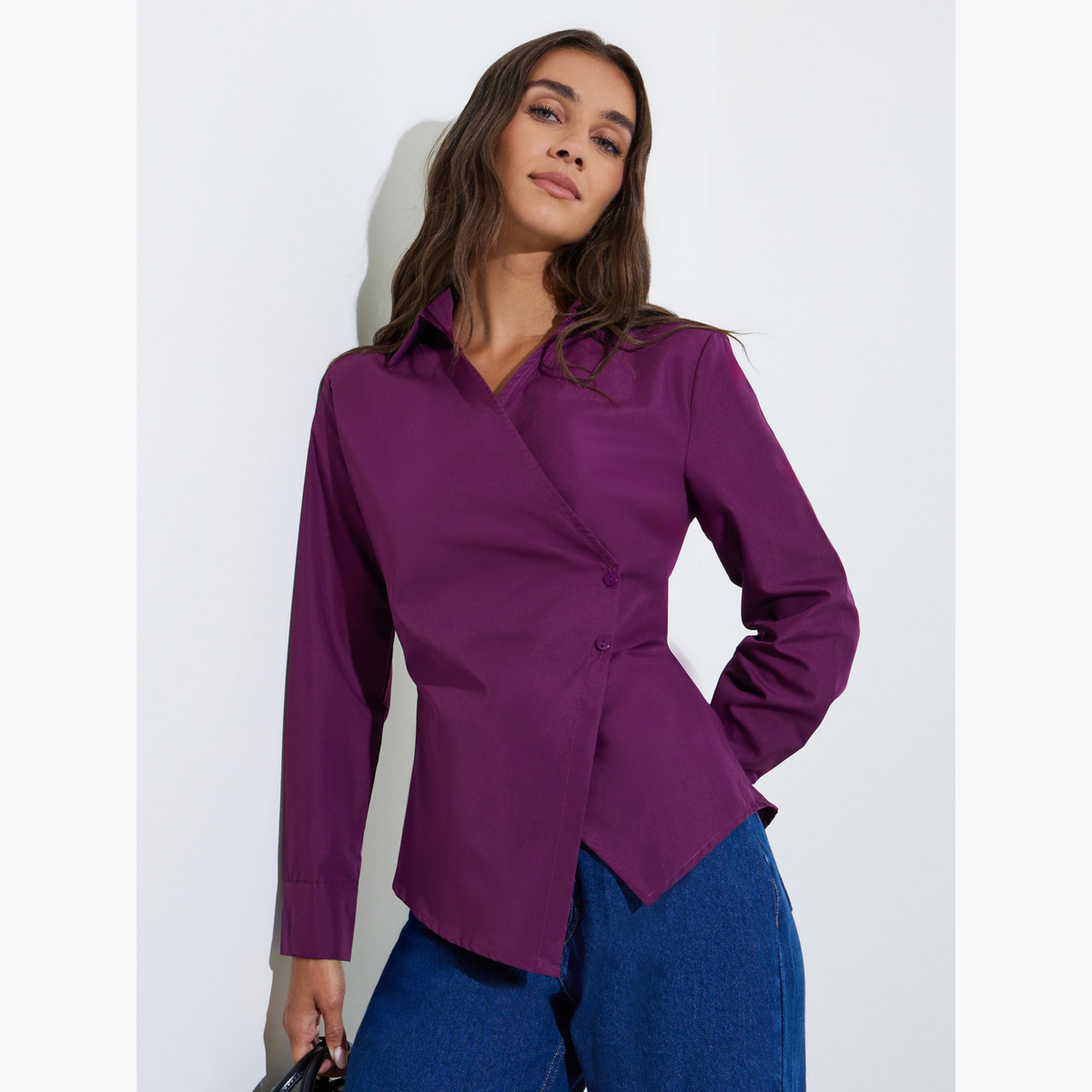 بلوزة متقاطعة بأكمام طويلة بلون سادة لون برغندي-women-clothing-shirtsandblouses-blouses-image-1