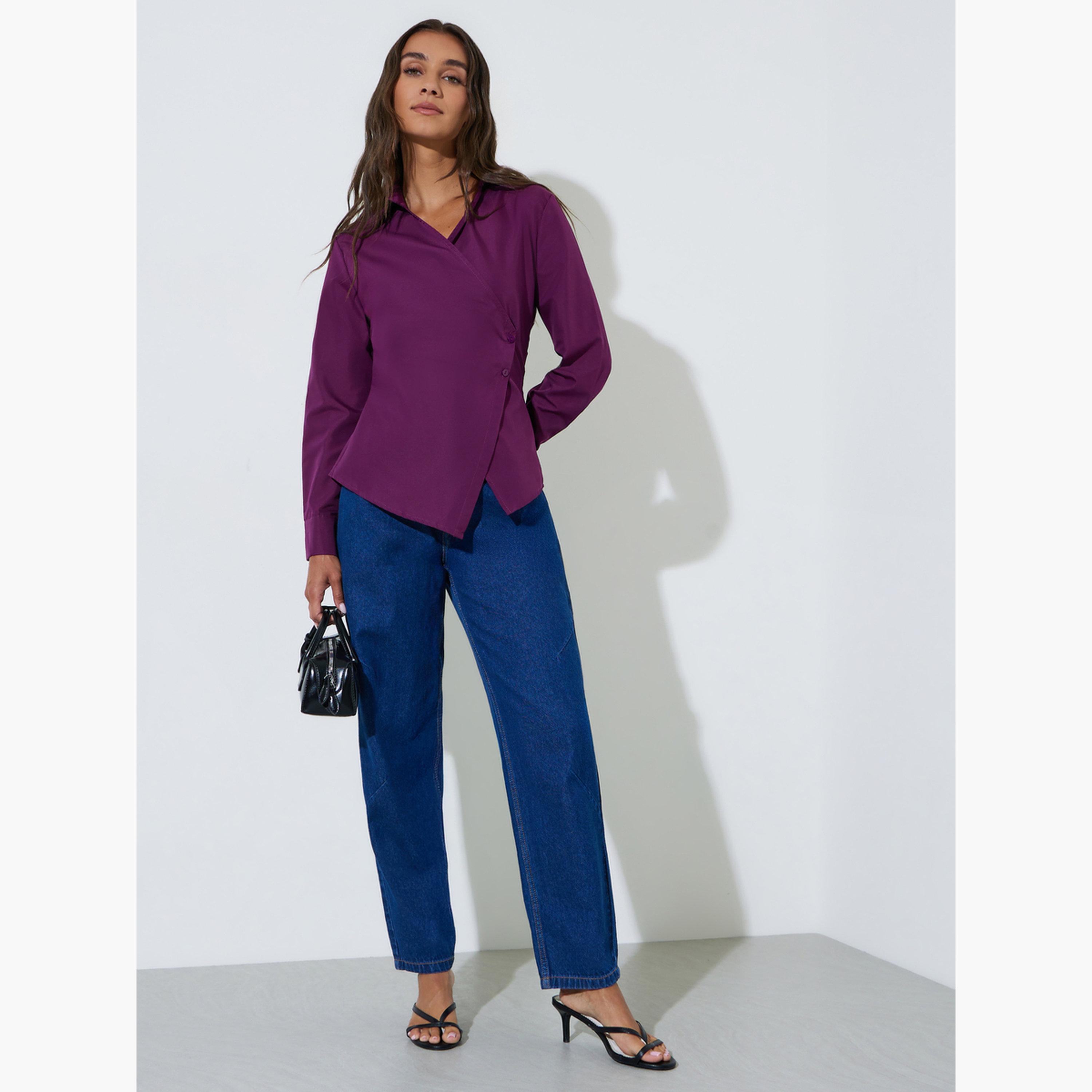 بلوزة متقاطعة بأكمام طويلة بلون سادة لون برغندي-women-clothing-shirtsandblouses-blouses-image-2