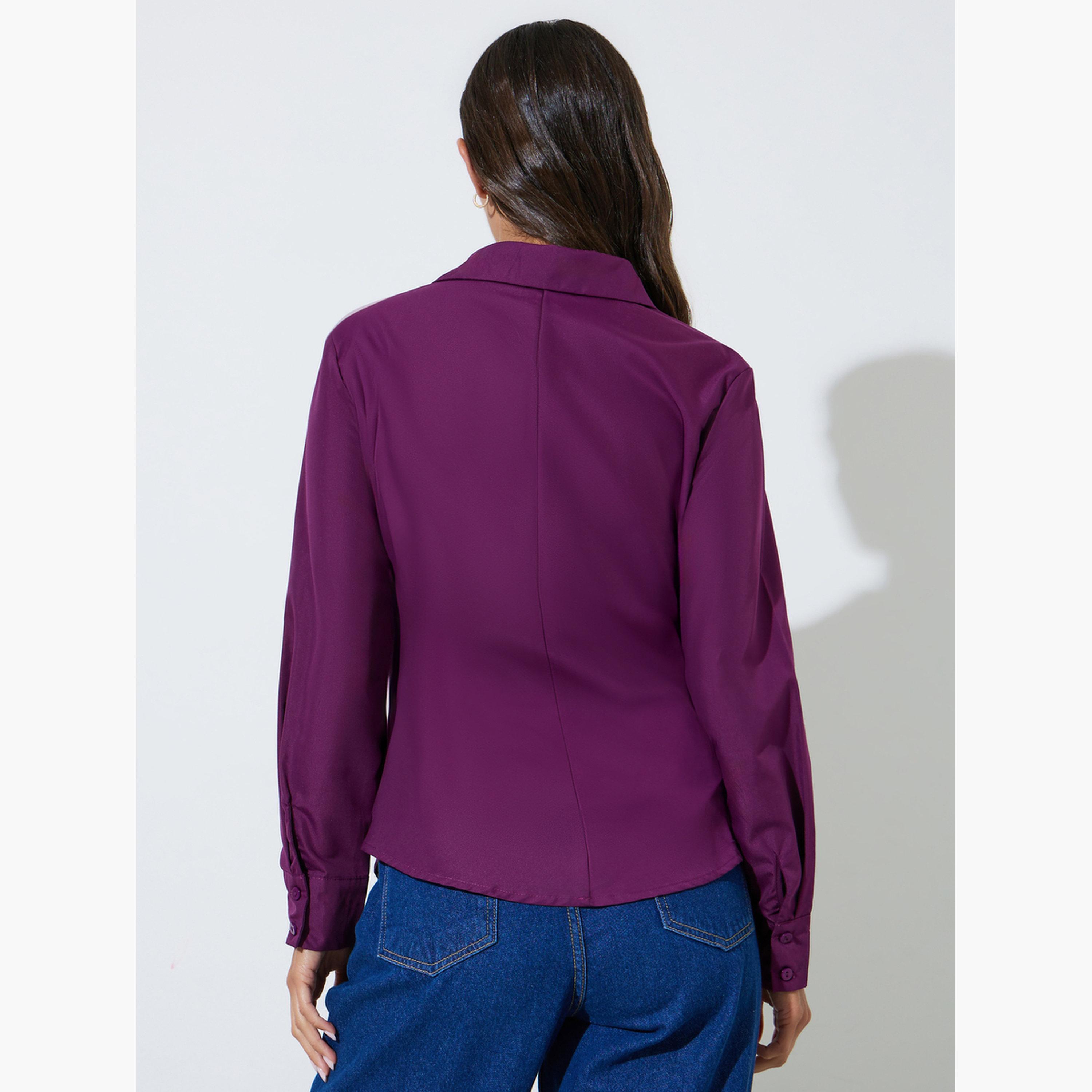 بلوزة متقاطعة بأكمام طويلة بلون سادة لون برغندي-women-clothing-shirtsandblouses-blouses-image-3